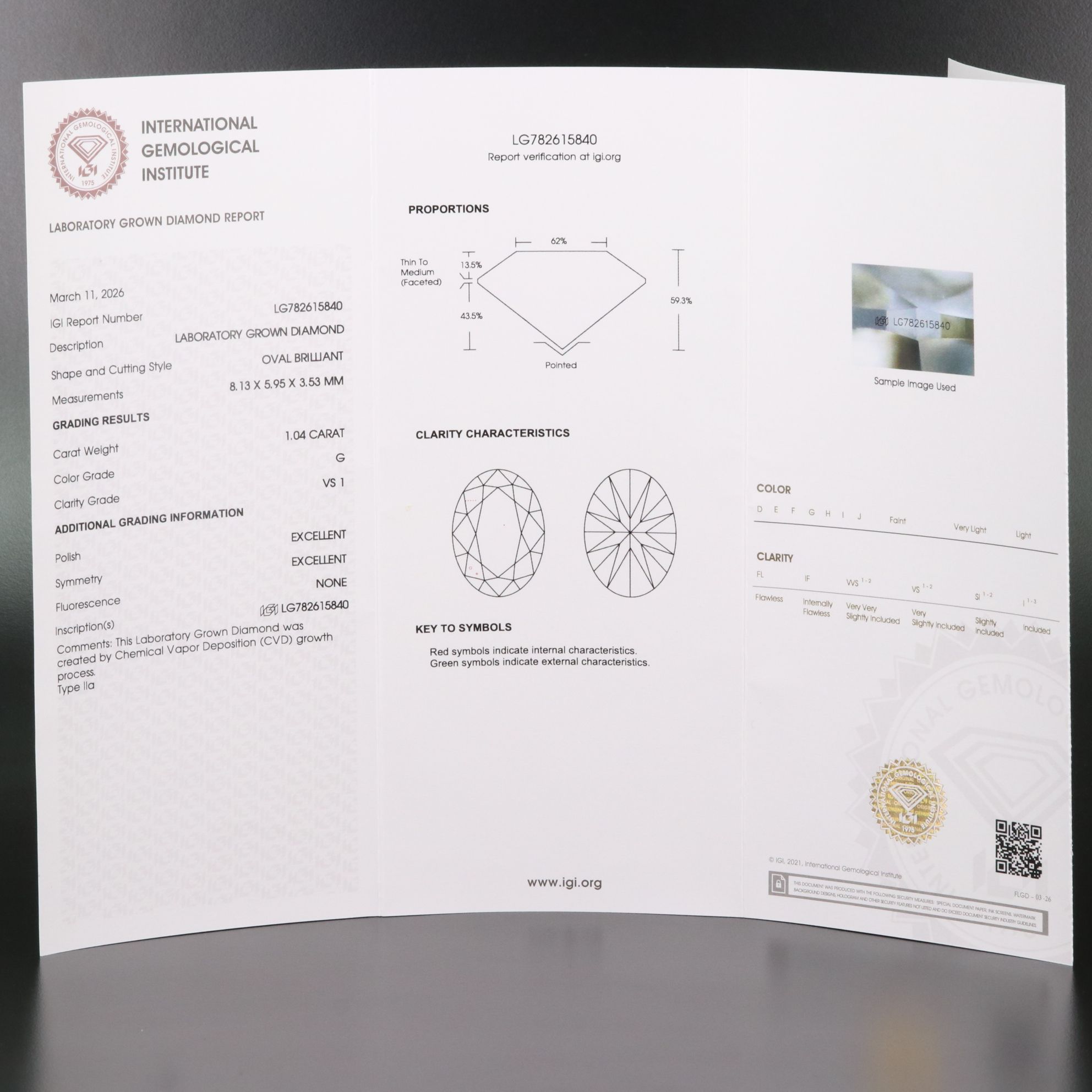 Loose 1.04 CT Lab Grown Diamond with IGI Report