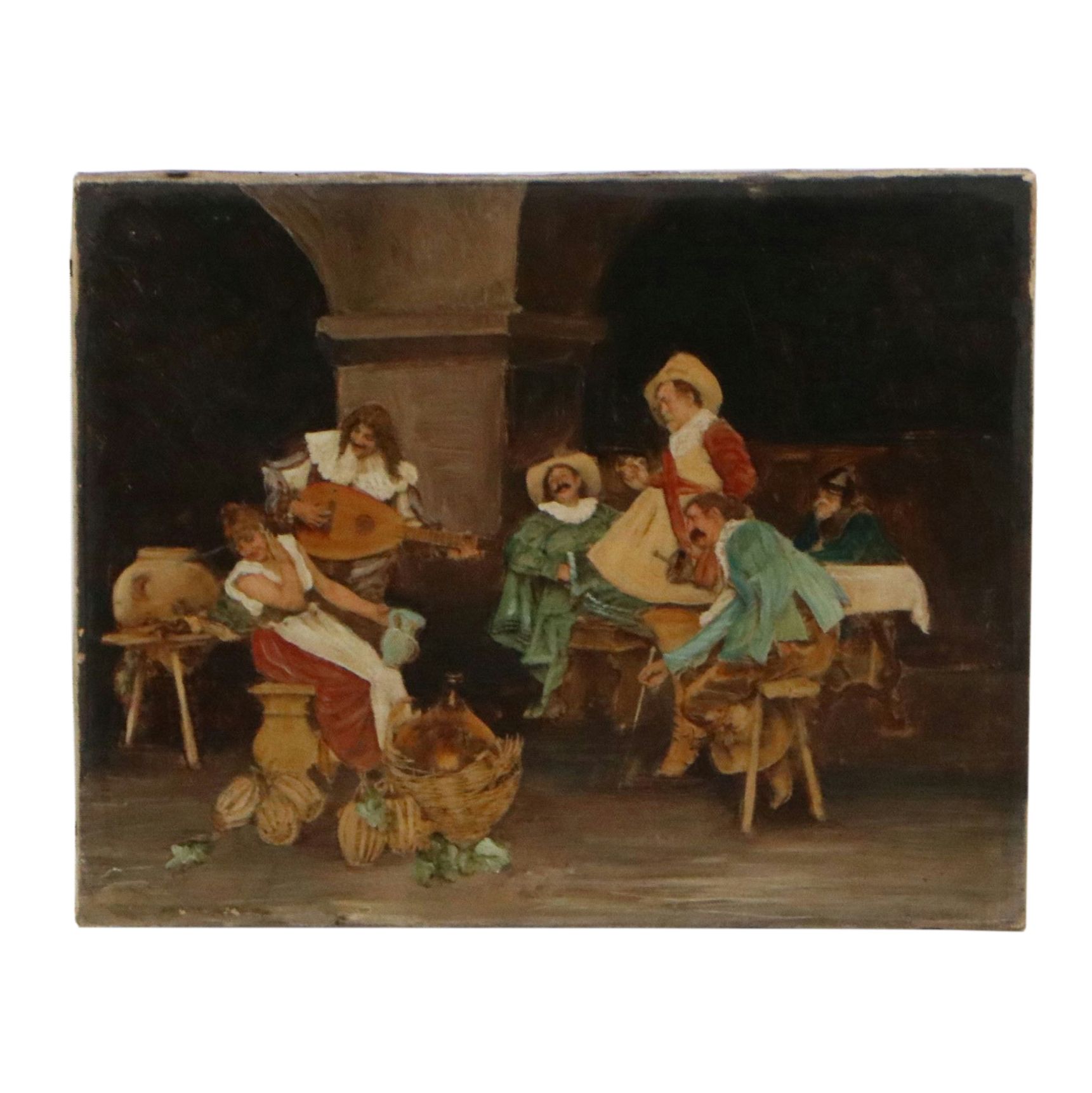 Oil on Photogravure of Tavern Scene After L. Cerale, Circa Late 19th Century