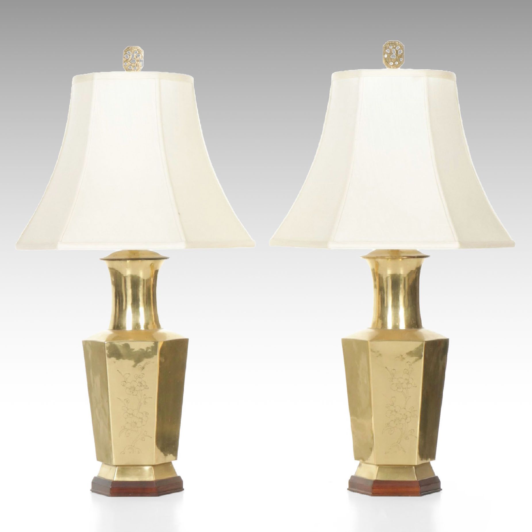 Pair of LaBarge Hand-Etched Brass Canister Style Table Lamps