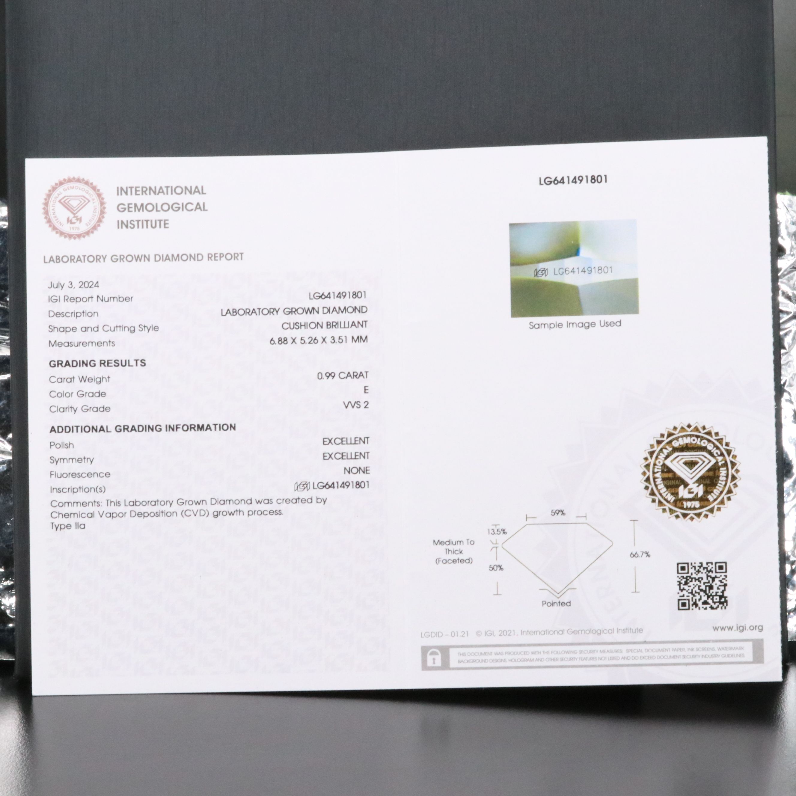 Loose 0.99 CT Lab Grown Diamond with IGI Report