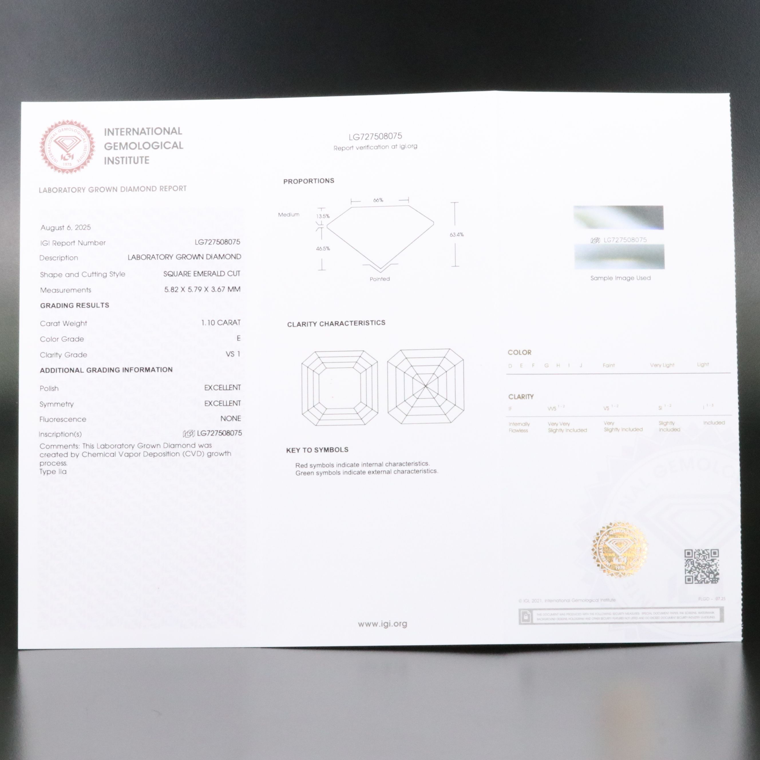 Loose 1.10 CT Lab Grown Diamond with IGI Report