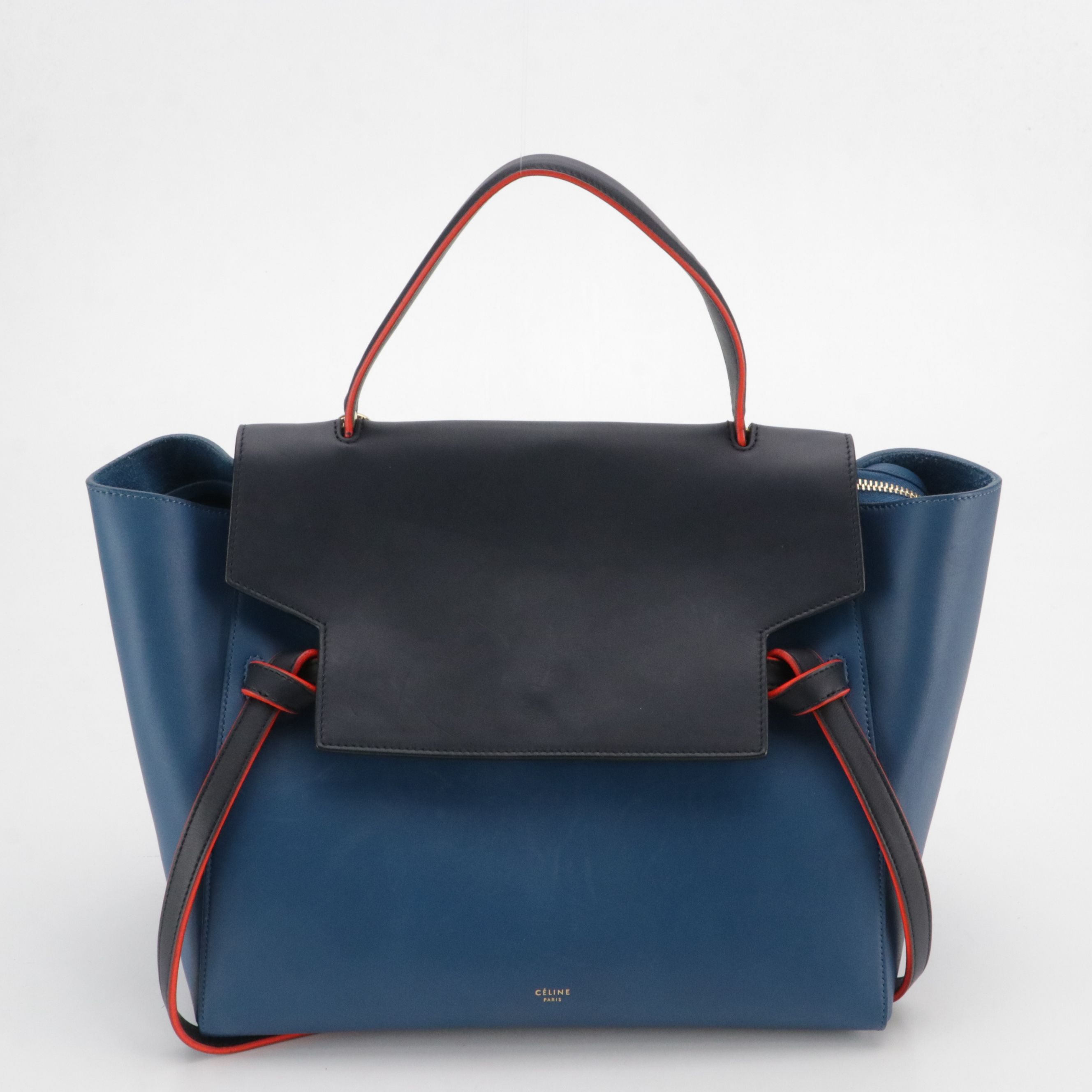 GEMINI: Céline Belt Two-Way Bag in Navy & Marine Blue Leather with Red Trim