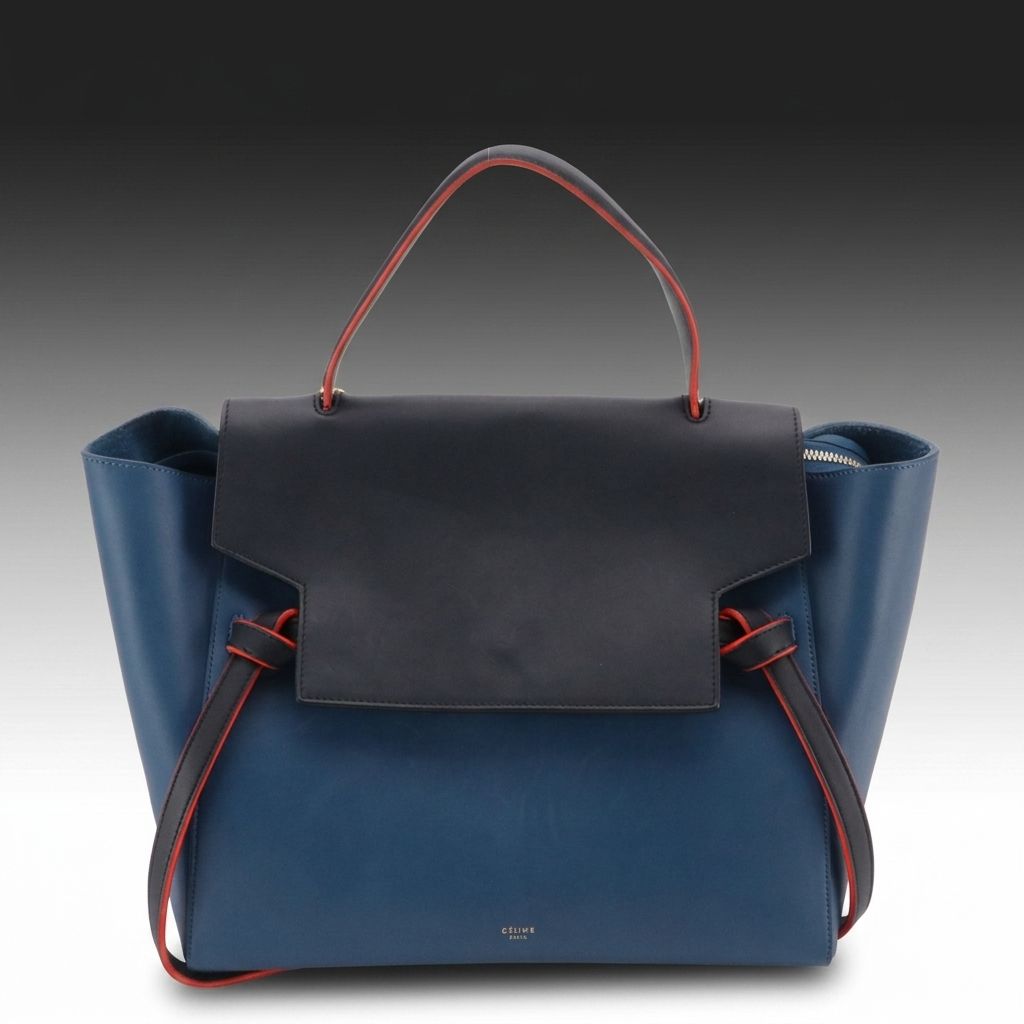 GEMINI: Céline Belt Two-Way Bag in Navy & Marine Blue Leather with Red Trim