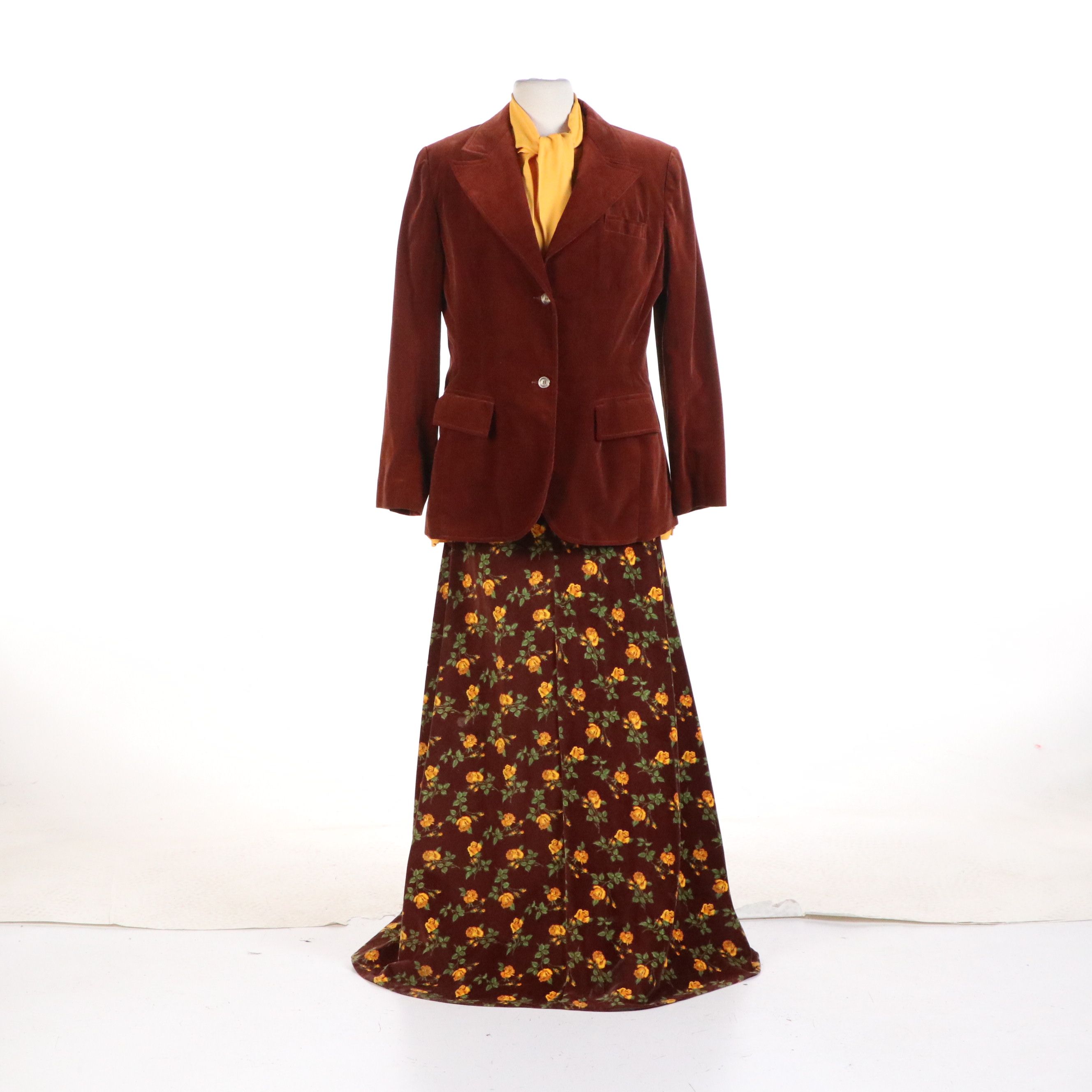Vintage Curated 1970's Daywear Ensemble Featuring Velveteen Maxi Skirt