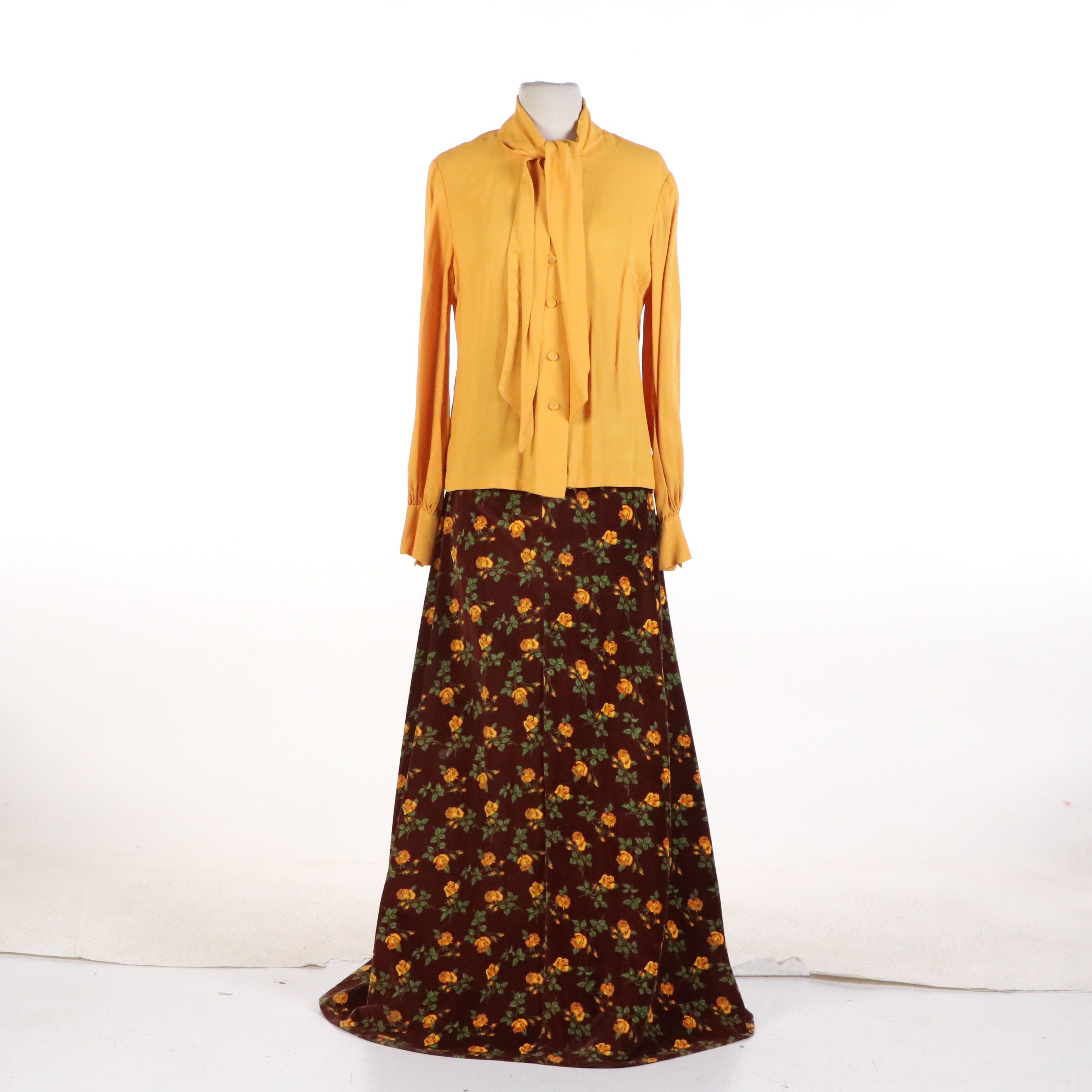 Vintage Curated 1970's Daywear Ensemble Featuring Velveteen Maxi Skirt