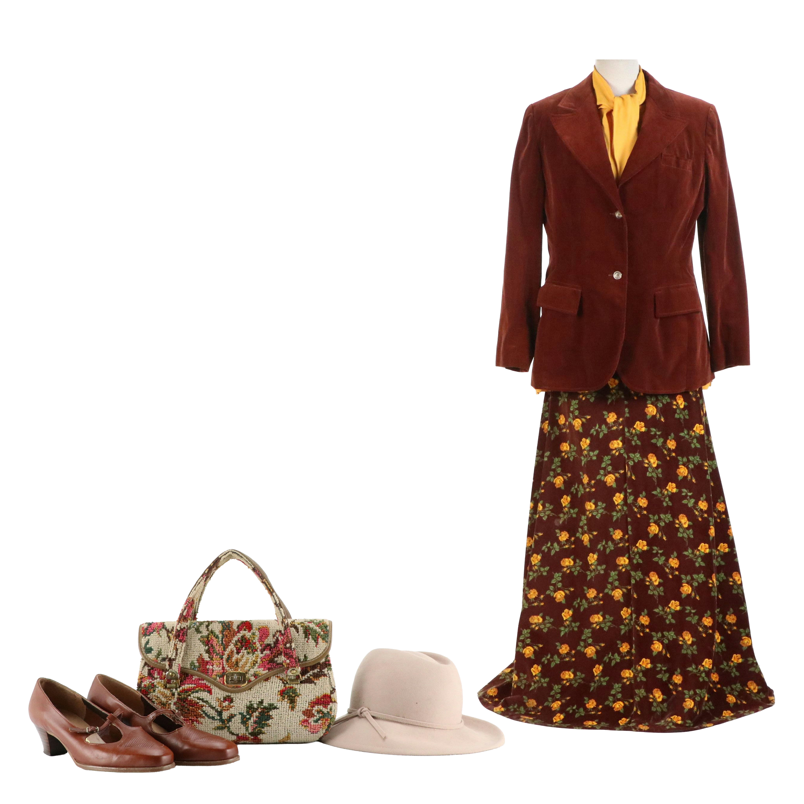 Vintage Curated 1970's Daywear Ensemble Featuring Velveteen Maxi Skirt