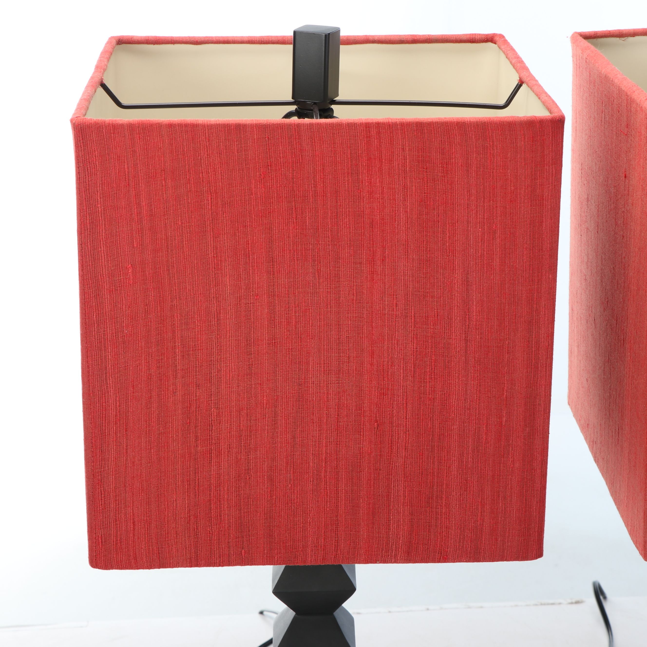 Pair of Black Resin Diamond Block Stacked Table Lamps with Red Block Shades
