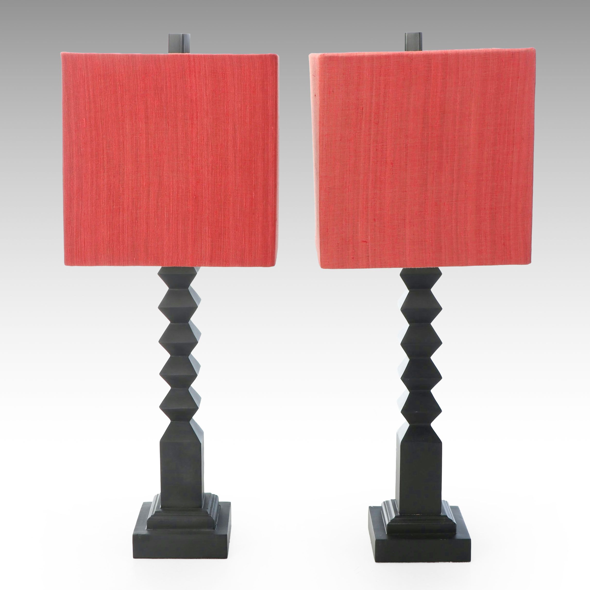 Pair of Black Resin Diamond Block Stacked Table Lamps with Red Block Shades