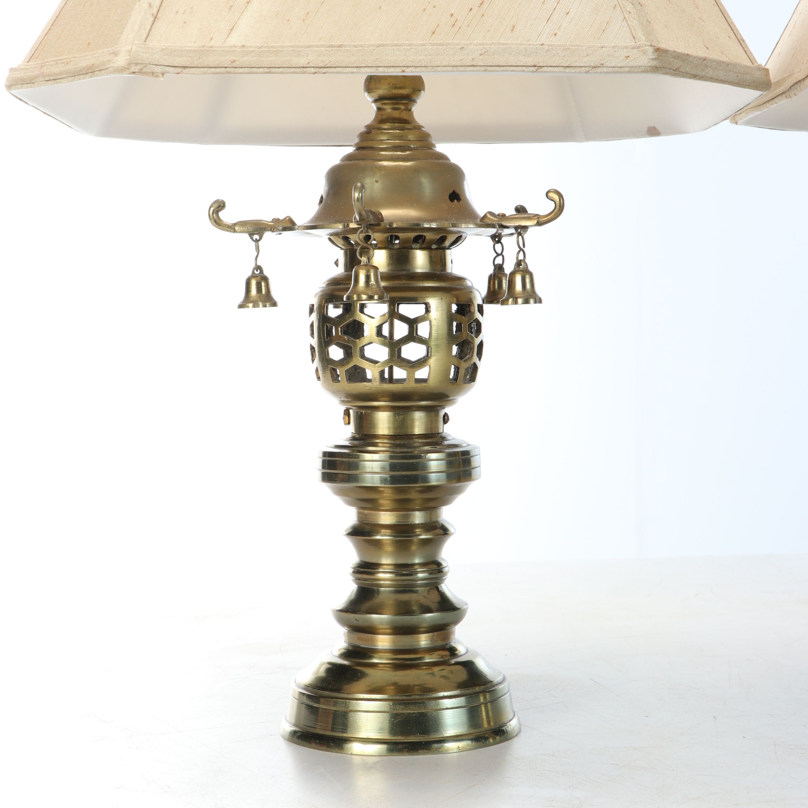 Pair of Japanese Tokugawa-Inspired Brass Lantern Table Lamps and Silk Shades