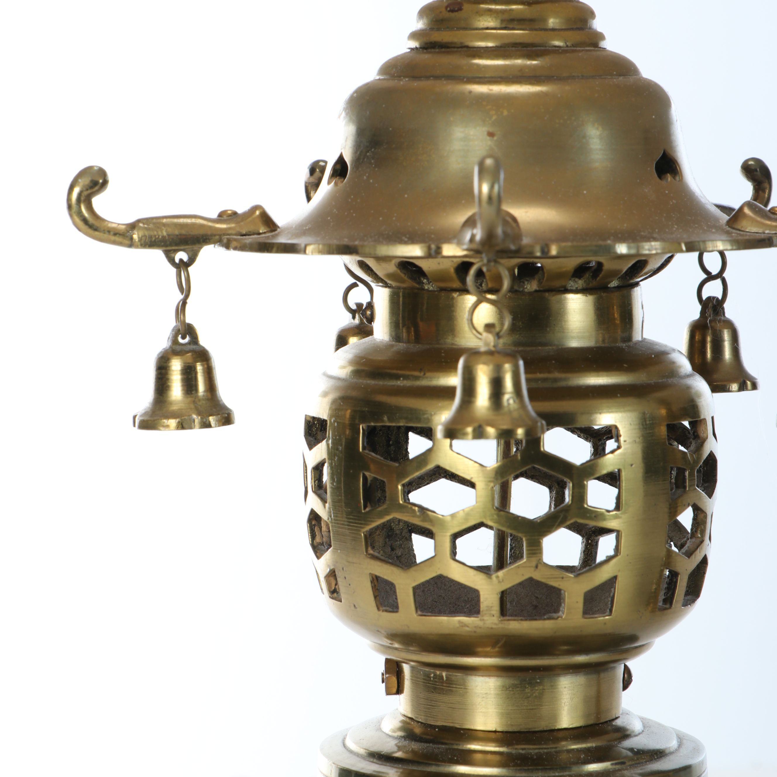 Pair of Japanese Tokugawa-Inspired Brass Lantern Table Lamps and Silk Shades