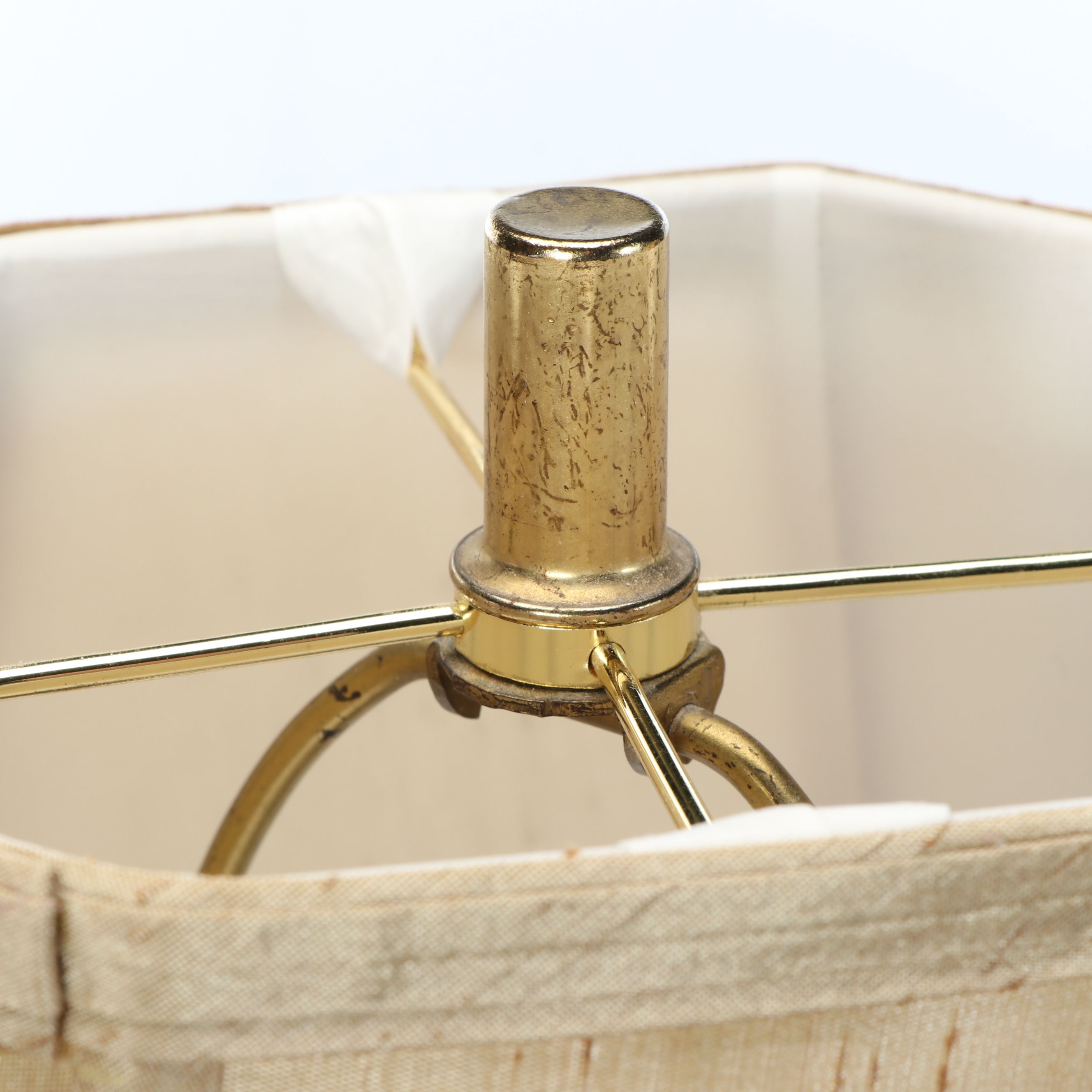 Pair of Japanese Tokugawa-Inspired Brass Lantern Table Lamps and Silk Shades