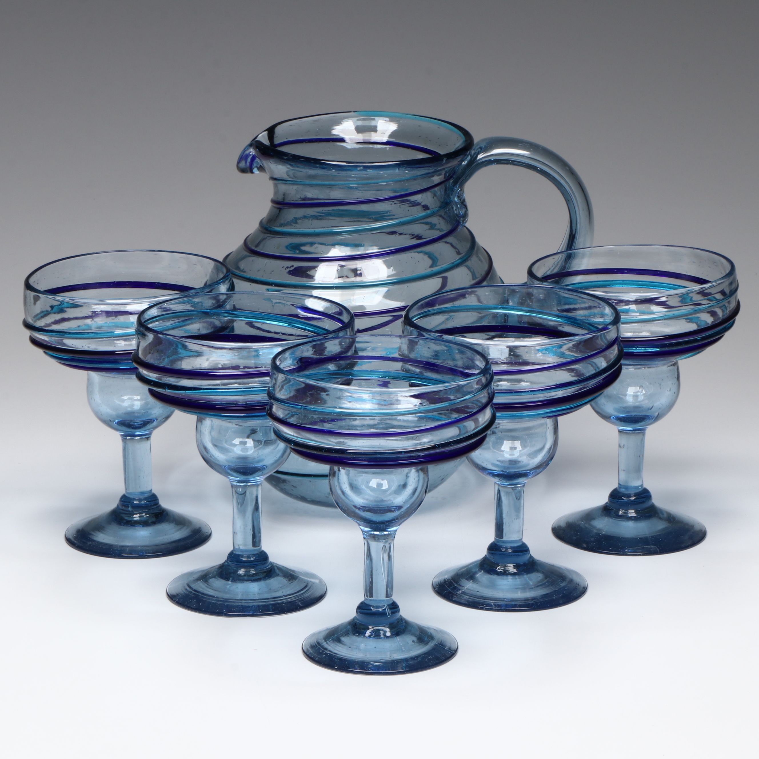 Crate & Barrel Stripe Pattern Glass Pitcher and Margarita Glasses