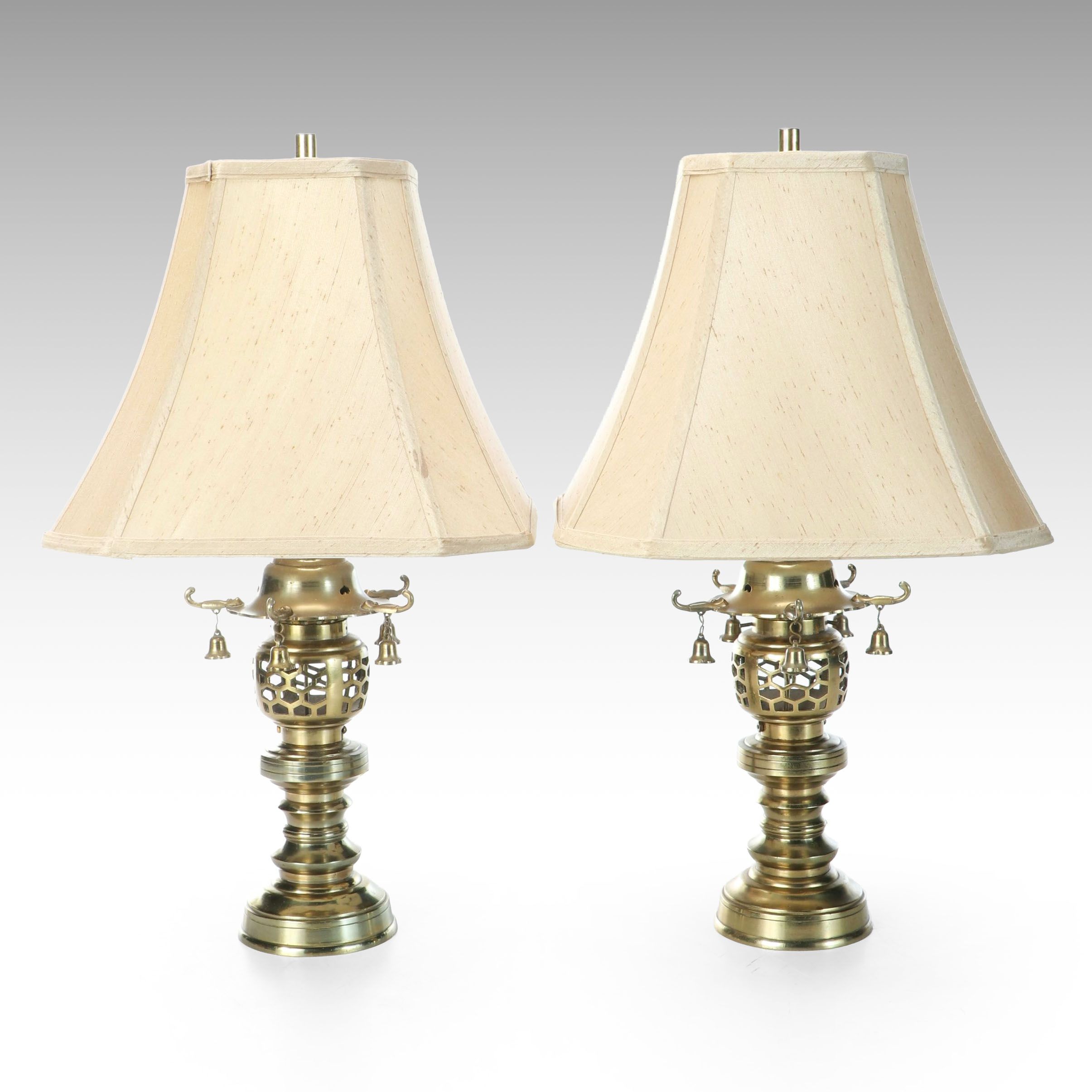 Pair of Japanese Tokugawa-Inspired Brass Lantern Table Lamps and Silk Shades