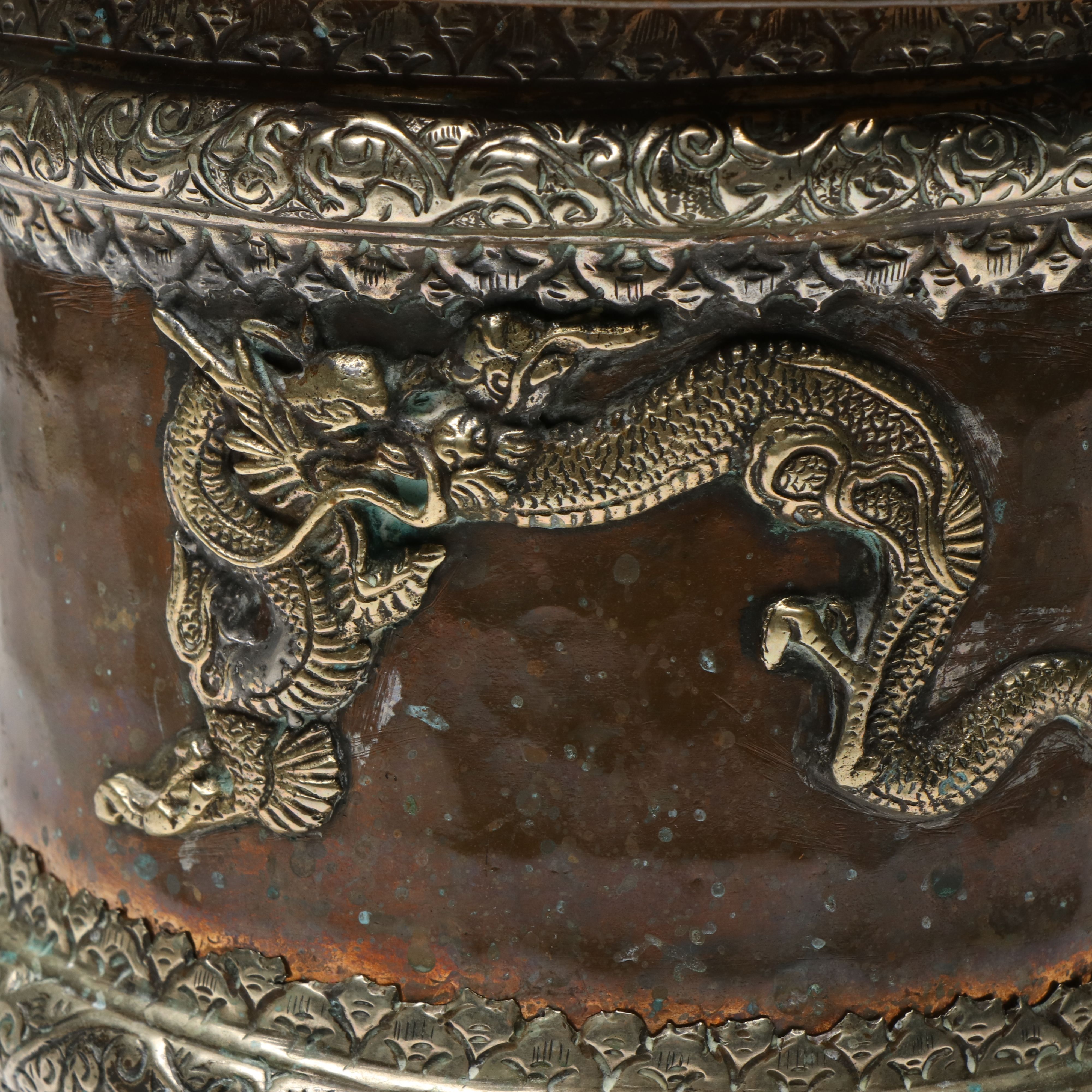 Tibetan Hammered Copper Lidded Vessel with Kirtimukha and Dragon Accents