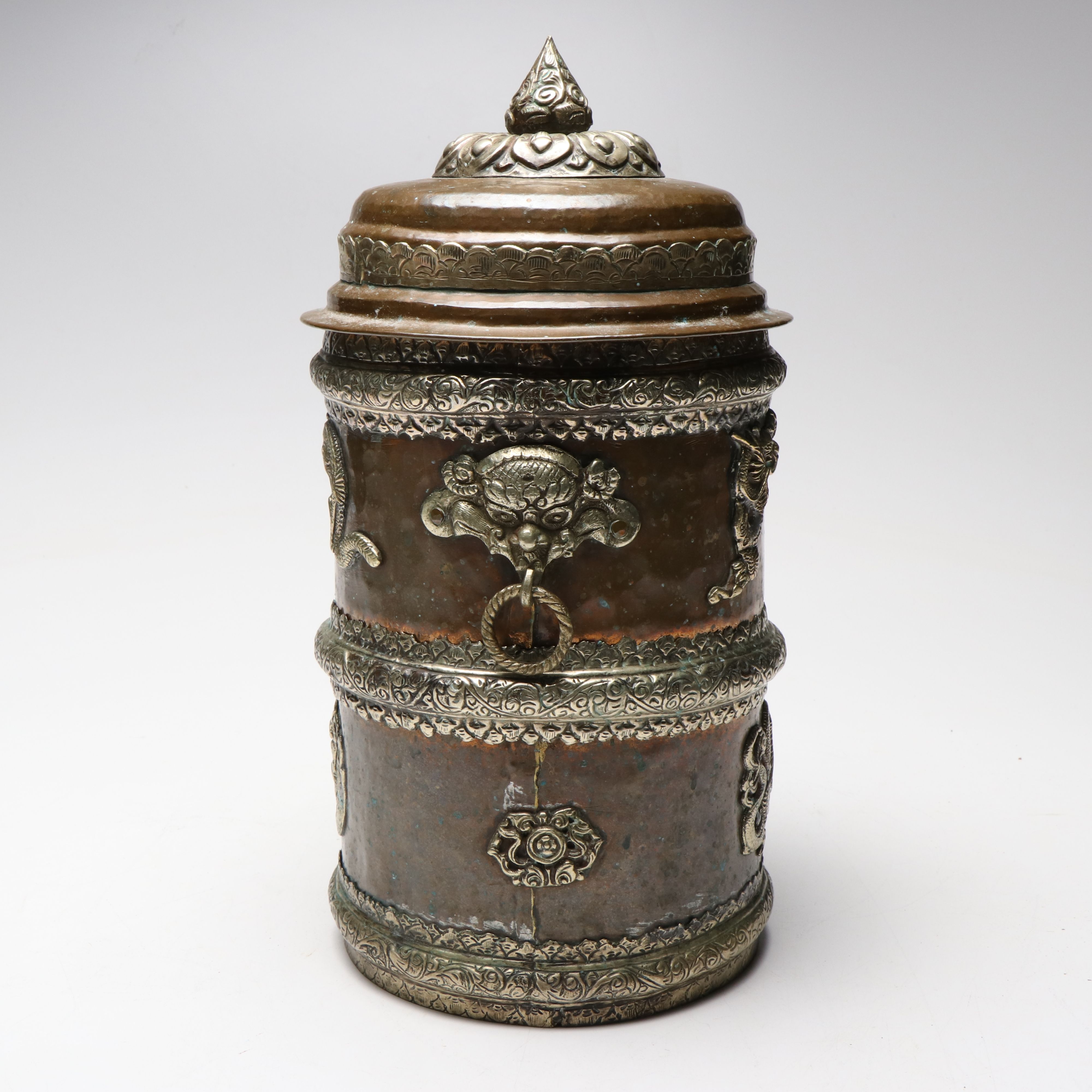 Tibetan Hammered Copper Lidded Vessel with Kirtimukha and Dragon Accents