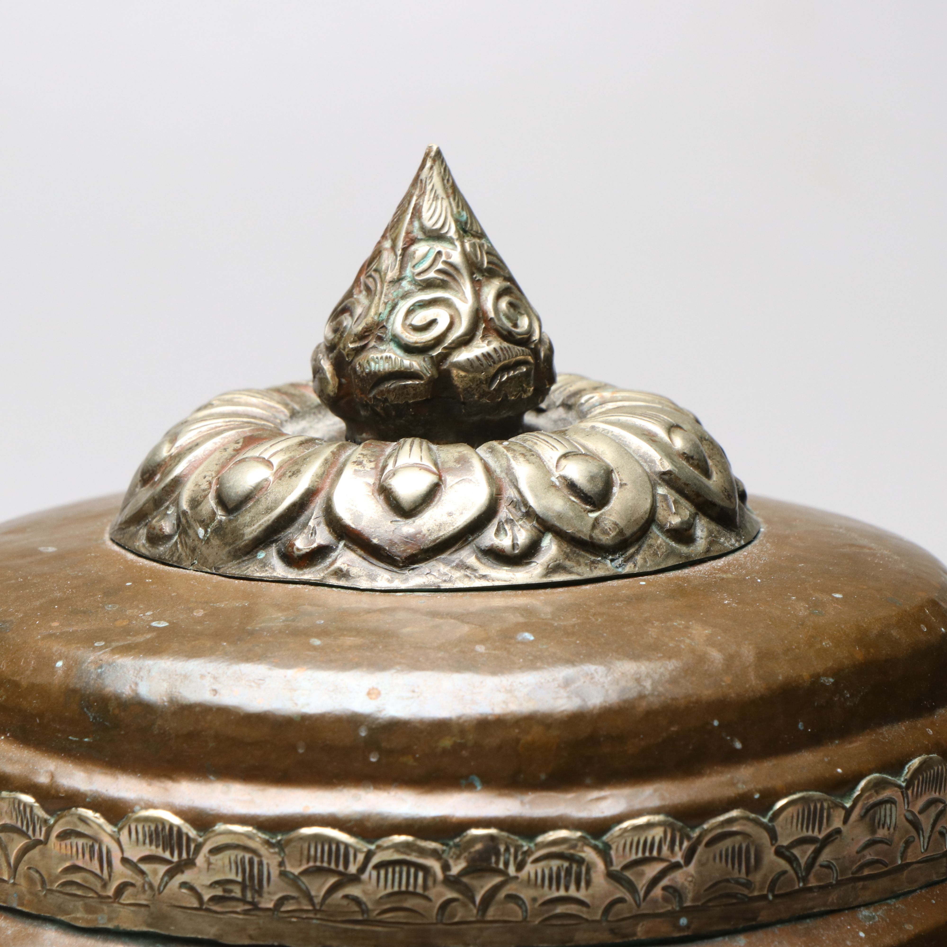 Tibetan Hammered Copper Lidded Vessel with Kirtimukha and Dragon Accents