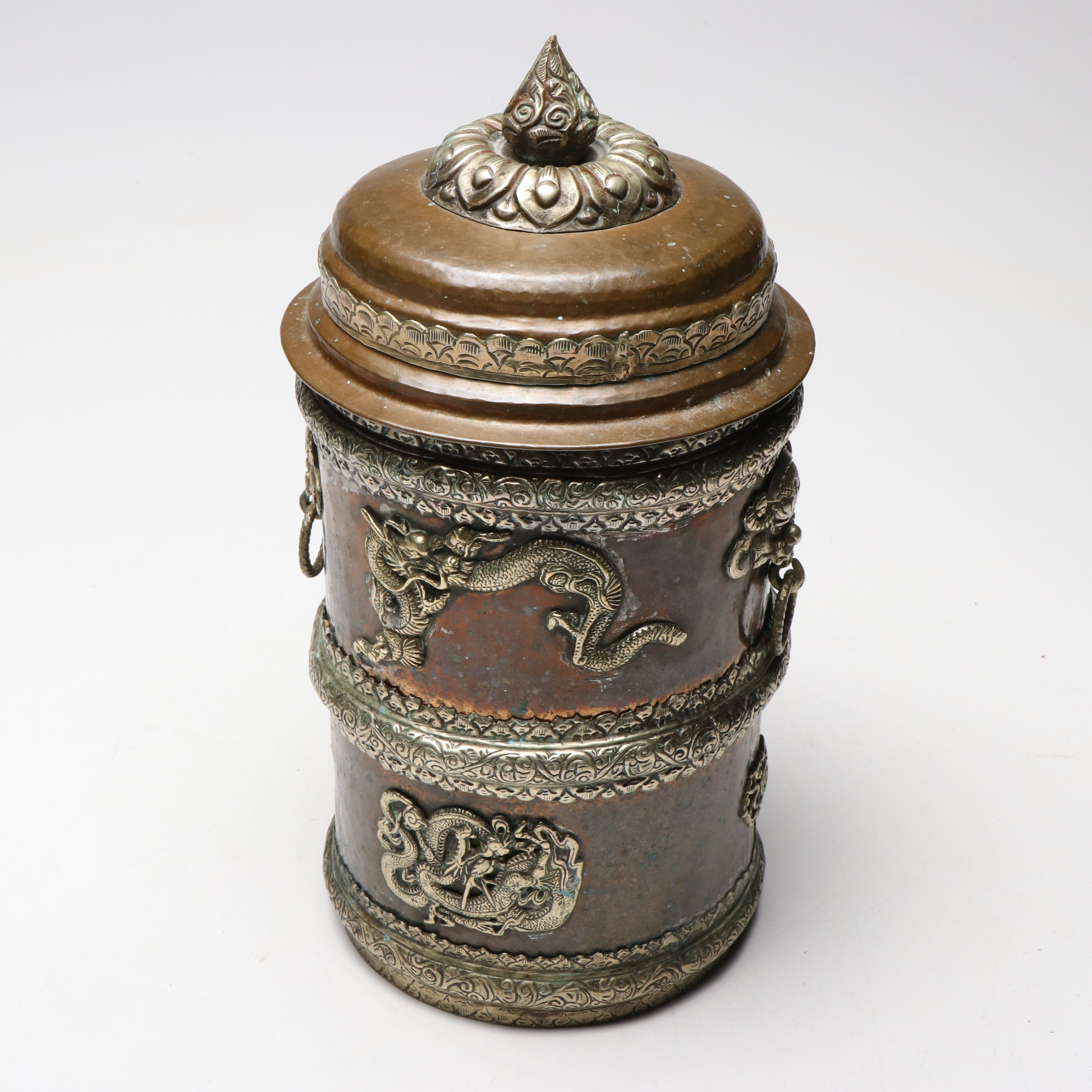 Tibetan Hammered Copper Lidded Vessel with Kirtimukha and Dragon Accents