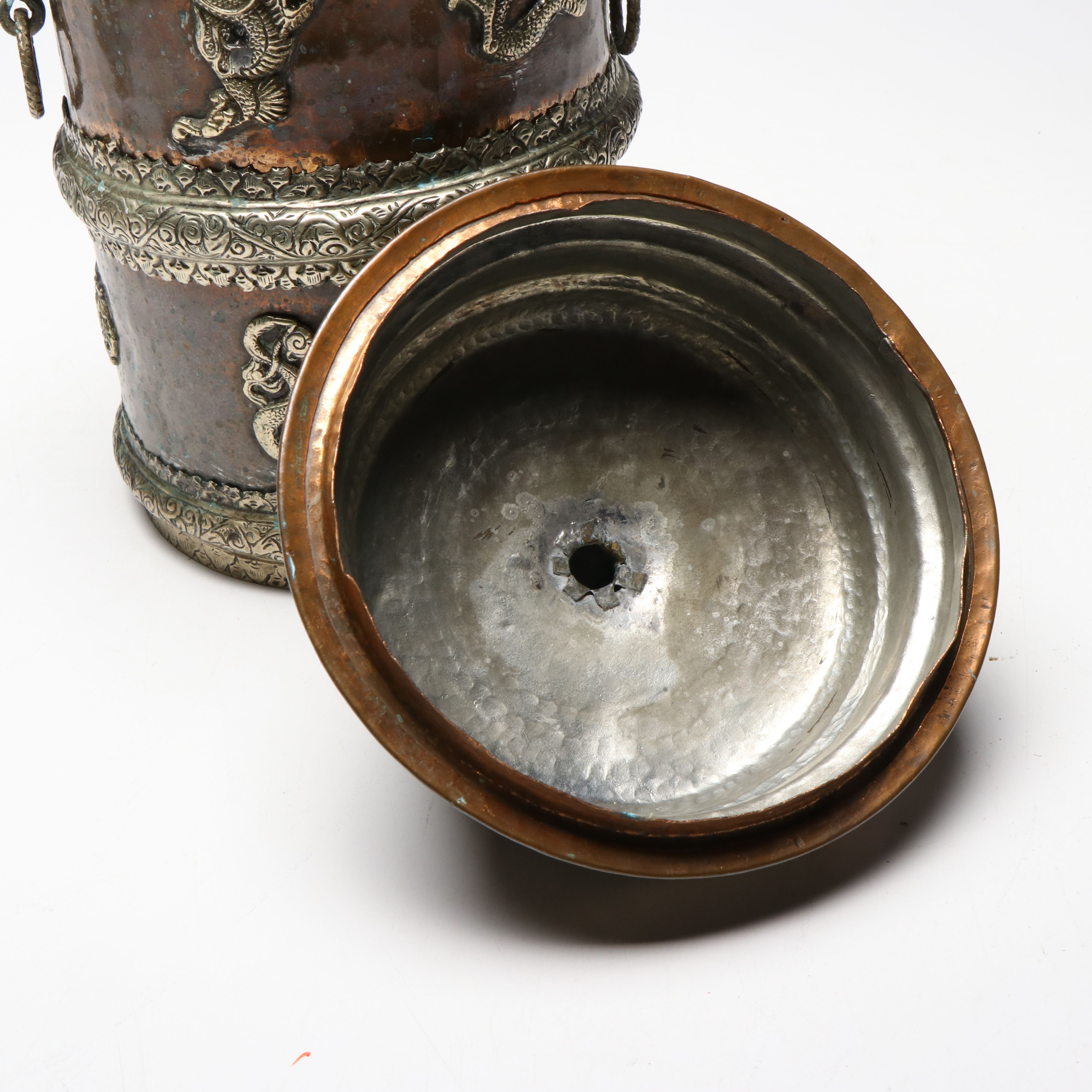 Tibetan Hammered Copper Lidded Vessel with Kirtimukha and Dragon Accents