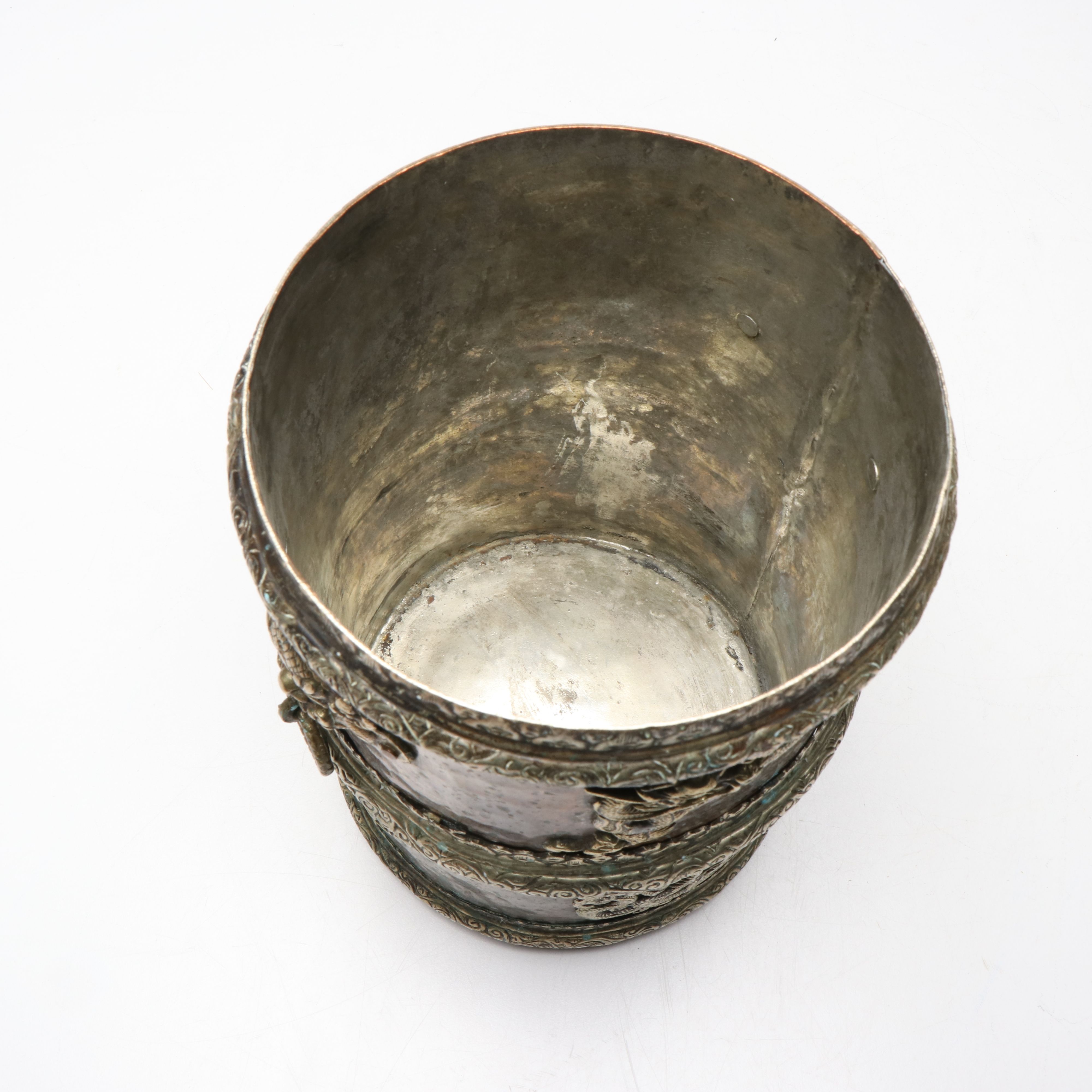 Tibetan Hammered Copper Lidded Vessel with Kirtimukha and Dragon Accents