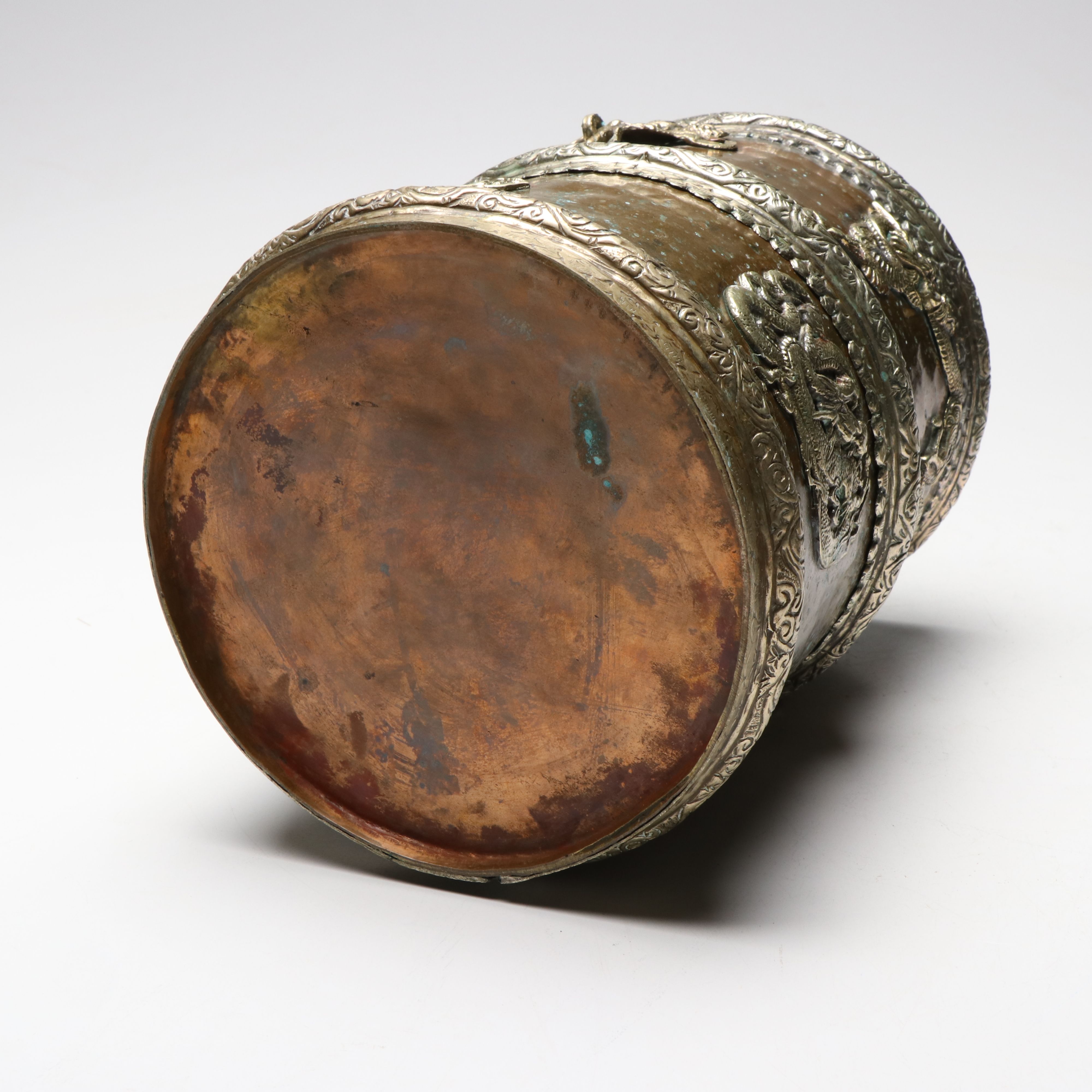 Tibetan Hammered Copper Lidded Vessel with Kirtimukha and Dragon Accents