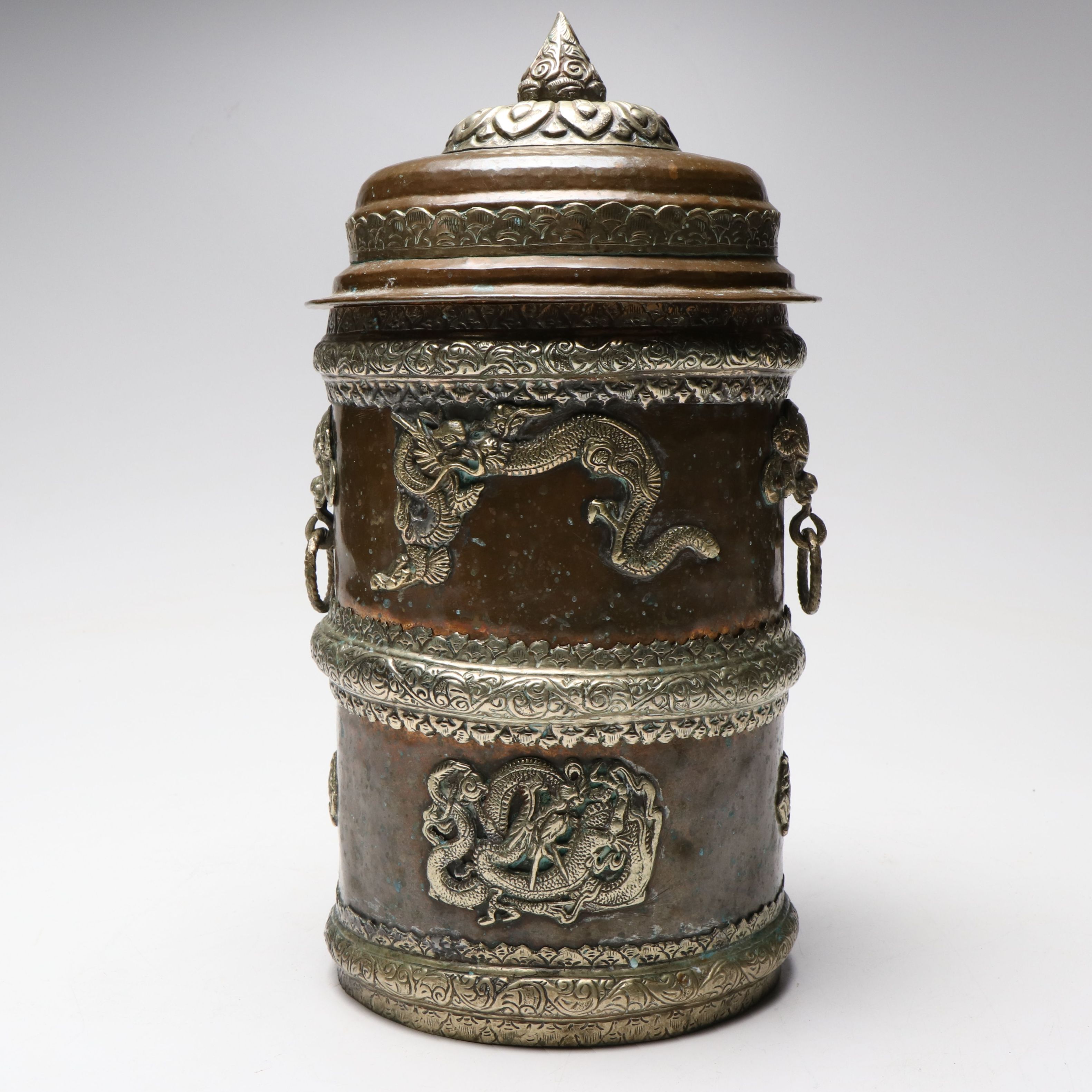 Tibetan Hammered Copper Lidded Vessel with Kirtimukha and Dragon Accents