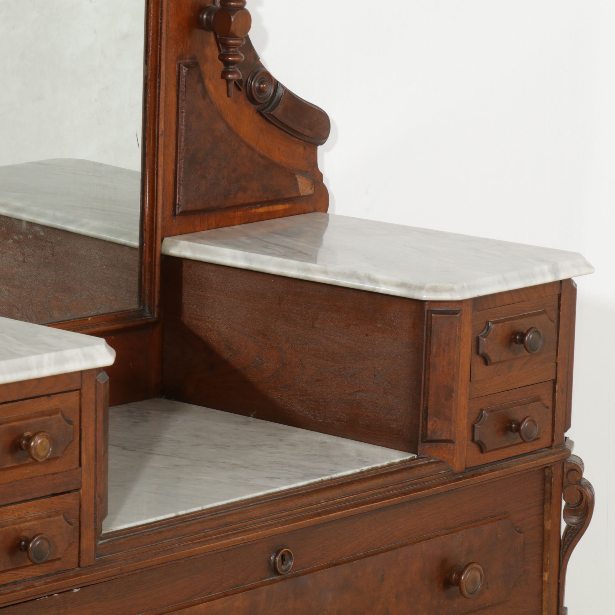 Victorian Walnut and Burl Wood Dresser with Marble Tops and Mirror