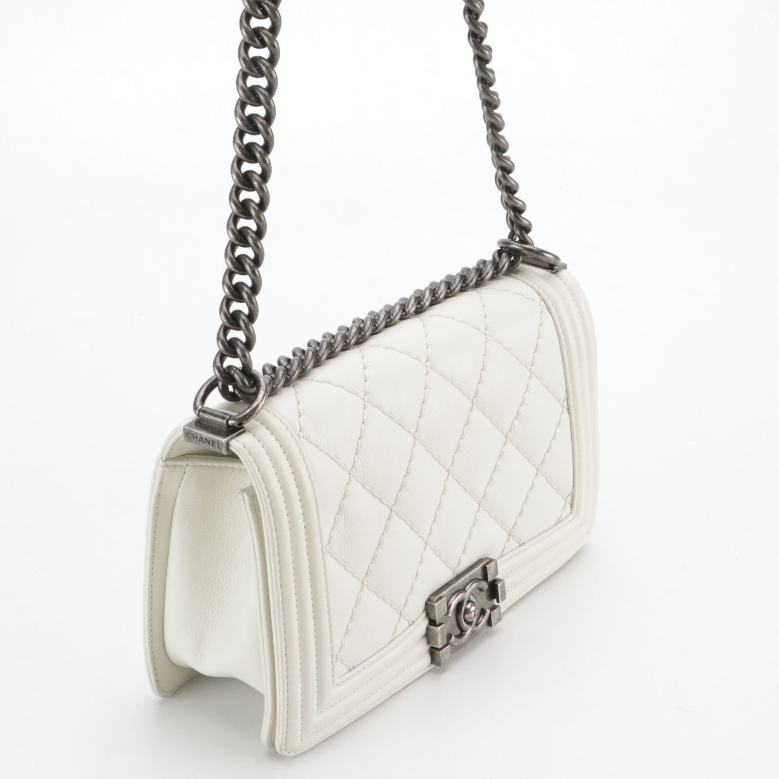 TAURUS: Chanel Boy Flap Bag in White Matelassé Grained Leather