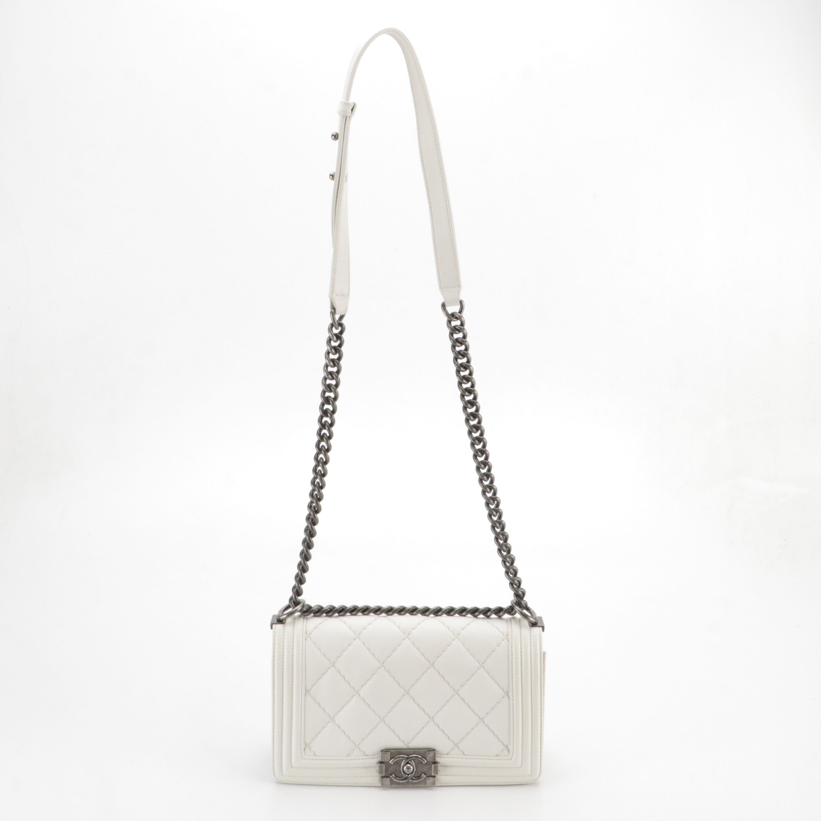 TAURUS: Chanel Boy Flap Bag in White Matelassé Grained Leather