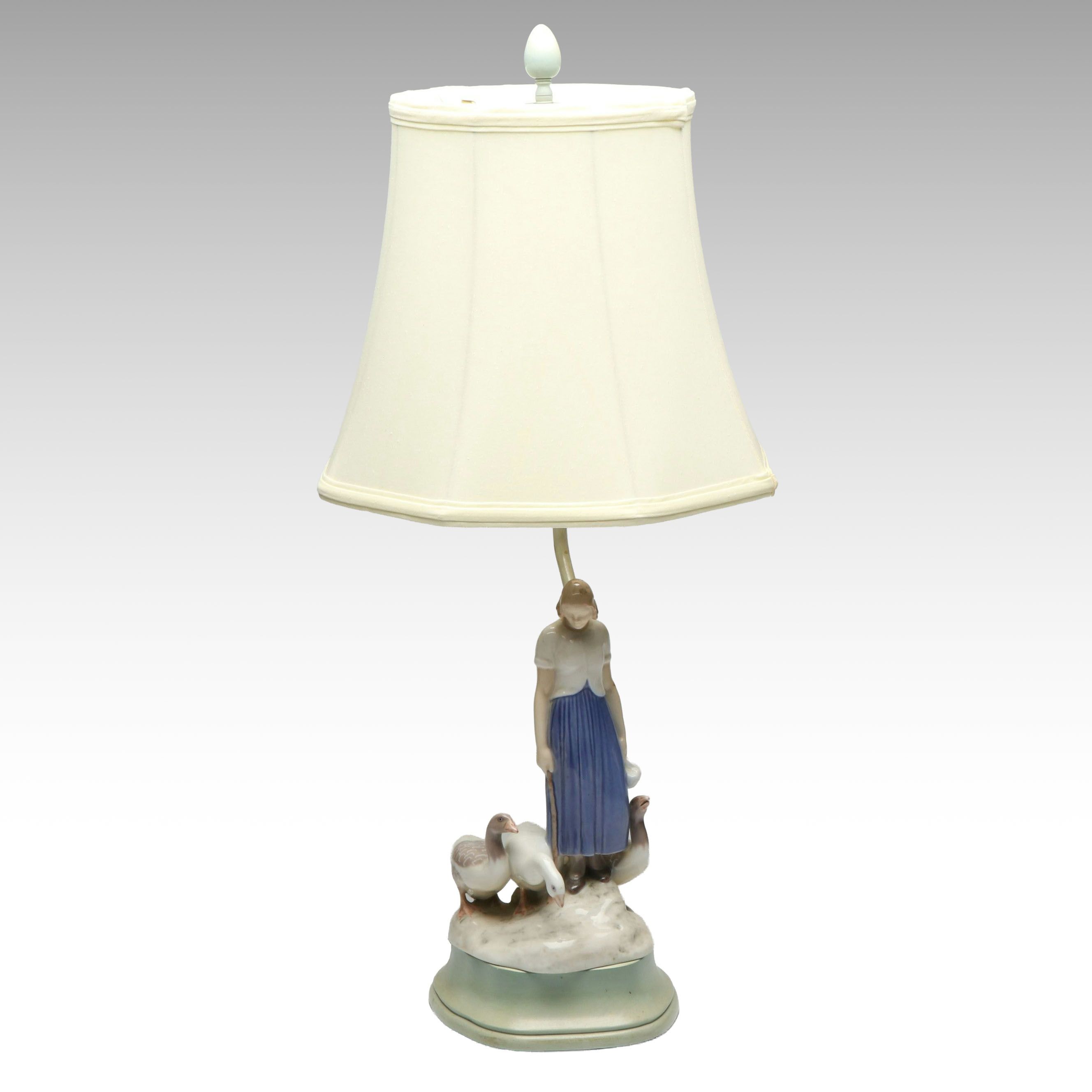 Axel Locher for Bing & Grøndahl "Girl with Geese" Porcelain Figural Lamp
