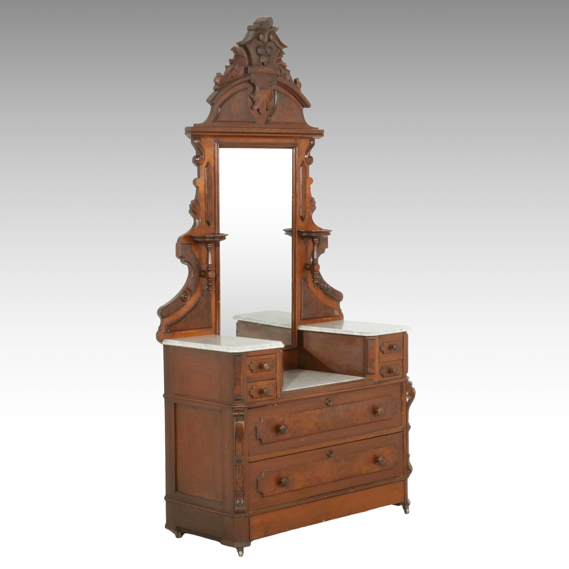 Victorian Walnut and Burl Wood Dresser with Marble Tops and Mirror