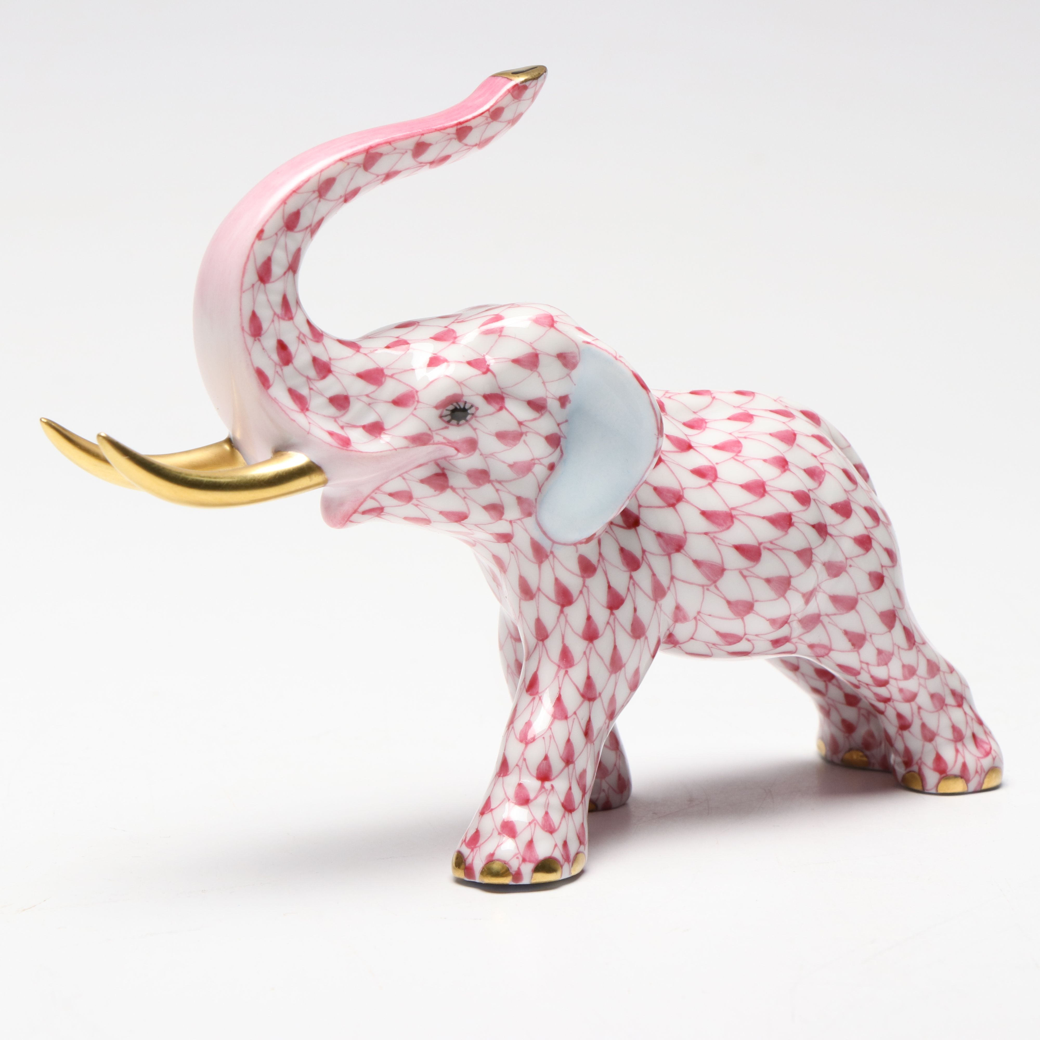 Herend Raspberry Fishnet with Gold "Elephant with Tusks" Porcelain Figurine