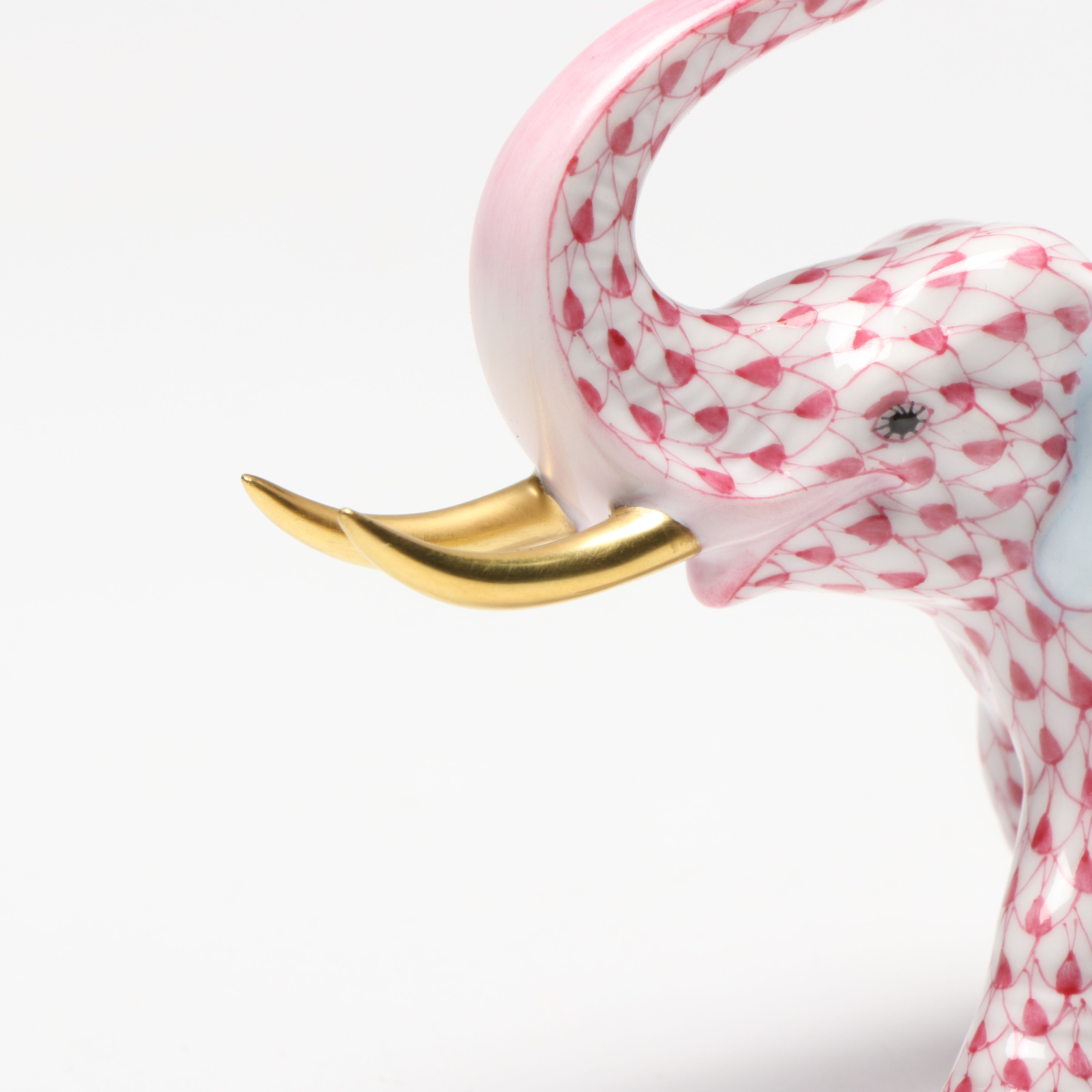 Herend Raspberry Fishnet with Gold "Elephant with Tusks" Porcelain Figurine