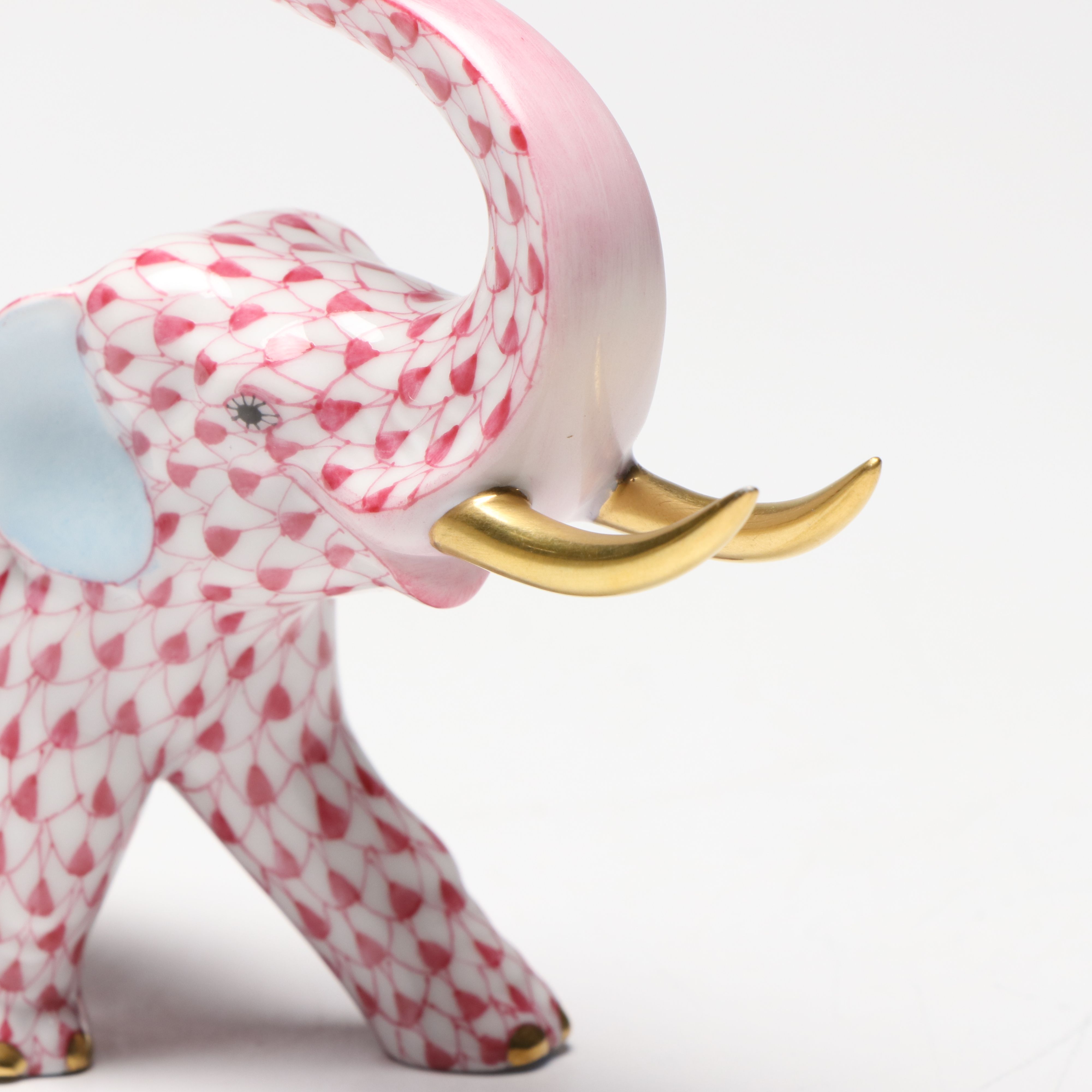 Herend Raspberry Fishnet with Gold "Elephant with Tusks" Porcelain Figurine