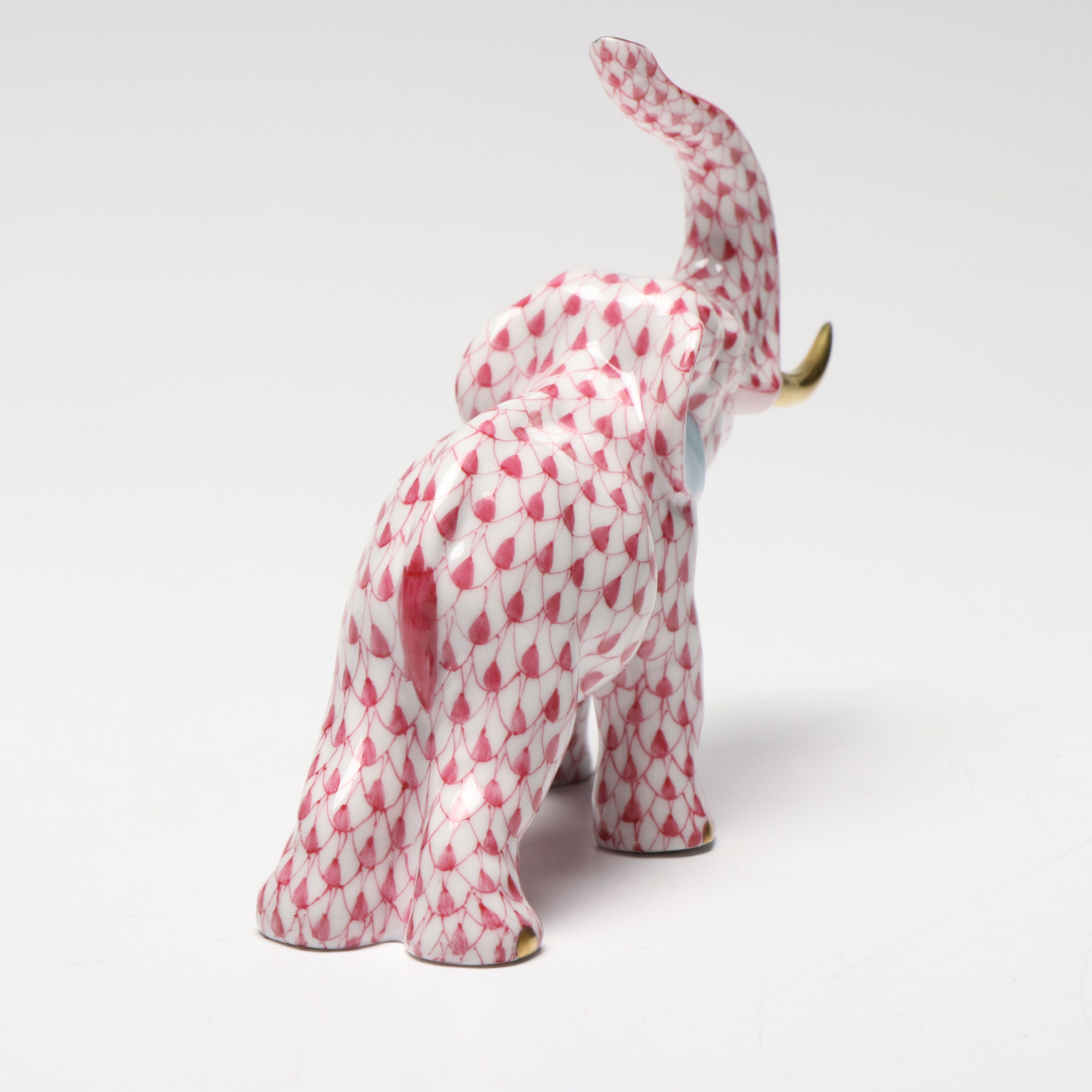 Herend Raspberry Fishnet with Gold "Elephant with Tusks" Porcelain Figurine