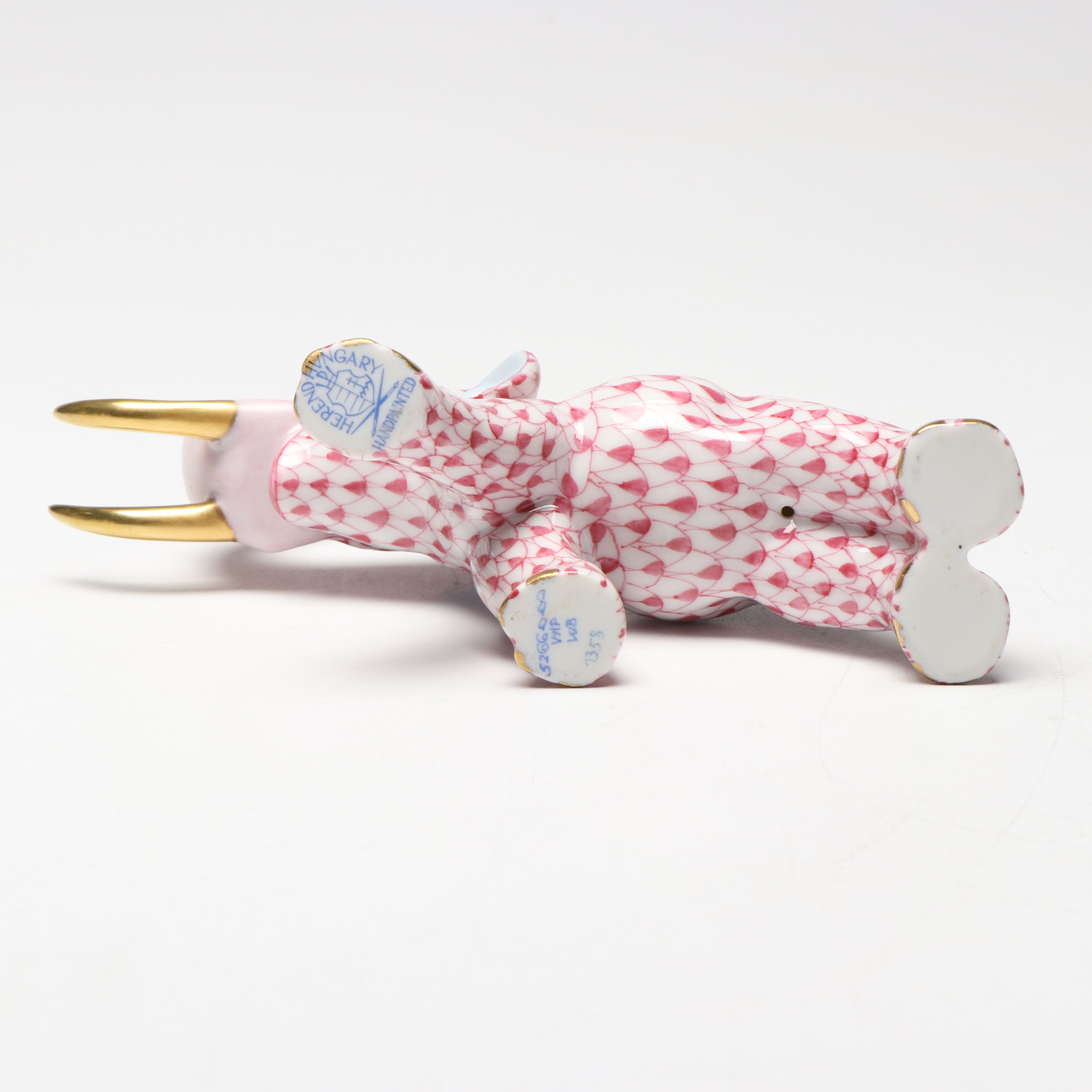 Herend Raspberry Fishnet with Gold "Elephant with Tusks" Porcelain Figurine