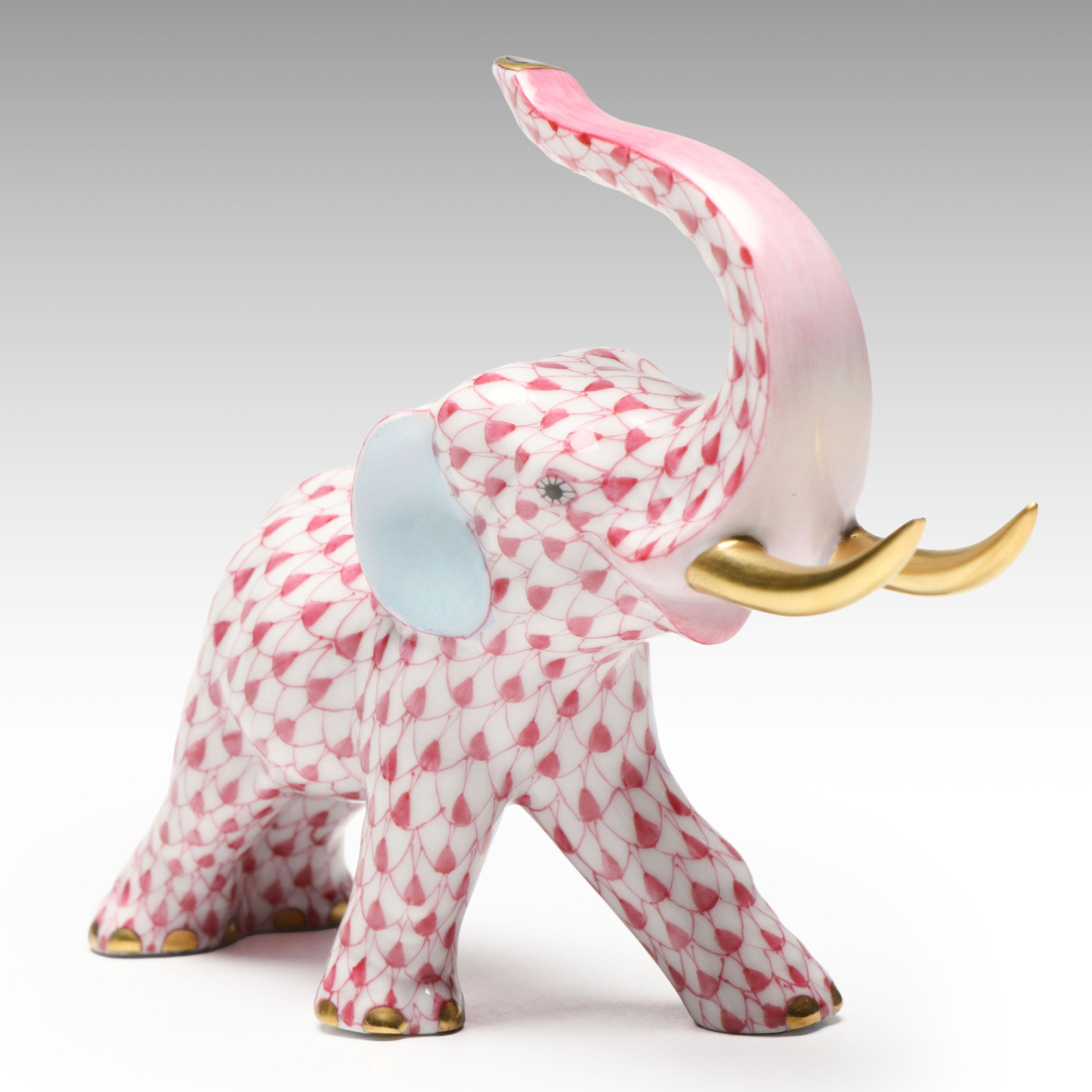 Herend Raspberry Fishnet with Gold "Elephant with Tusks" Porcelain Figurine