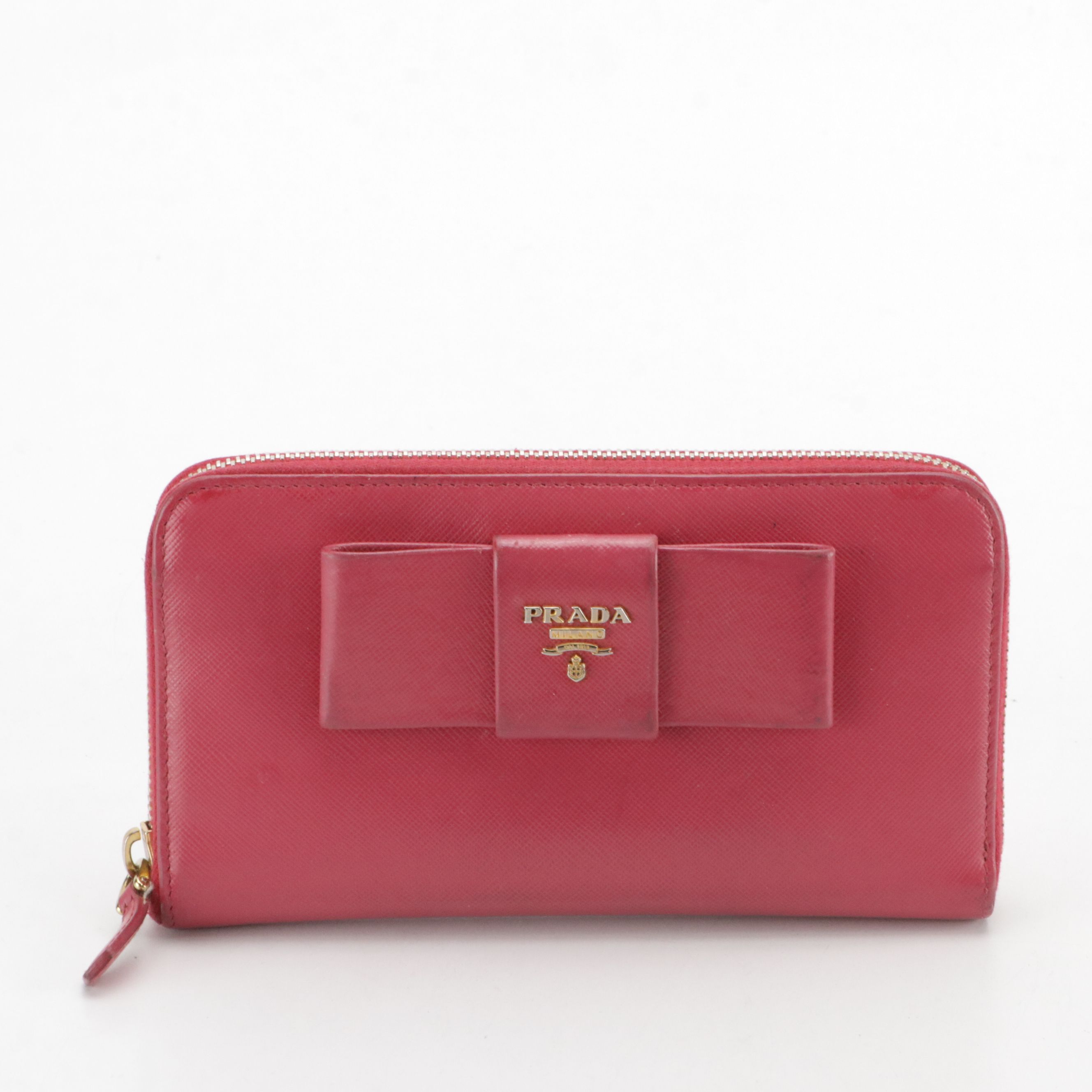 Prada Zip Around Bow Wallet in Pink Saffiano Leather, With Box