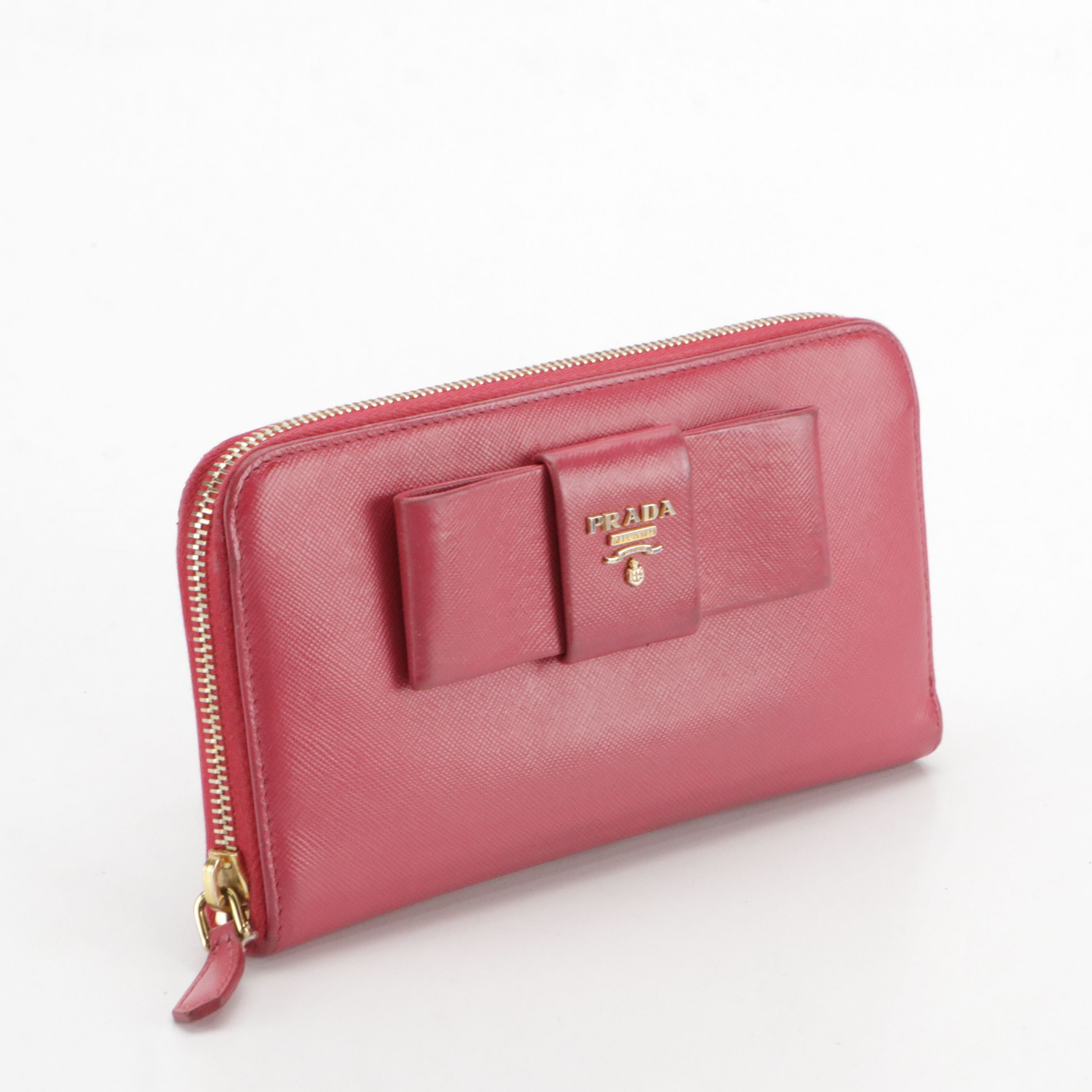 Prada Zip Around Bow Wallet in Pink Saffiano Leather, With Box
