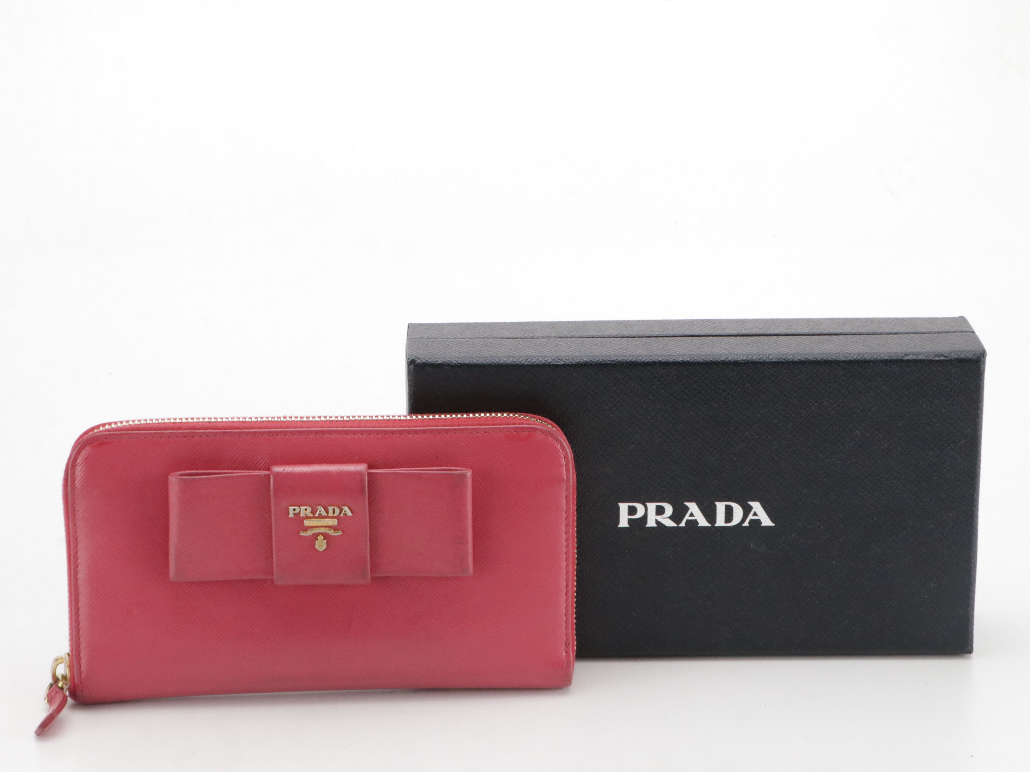 Prada Zip Around Bow Wallet in Pink Saffiano Leather, With Box