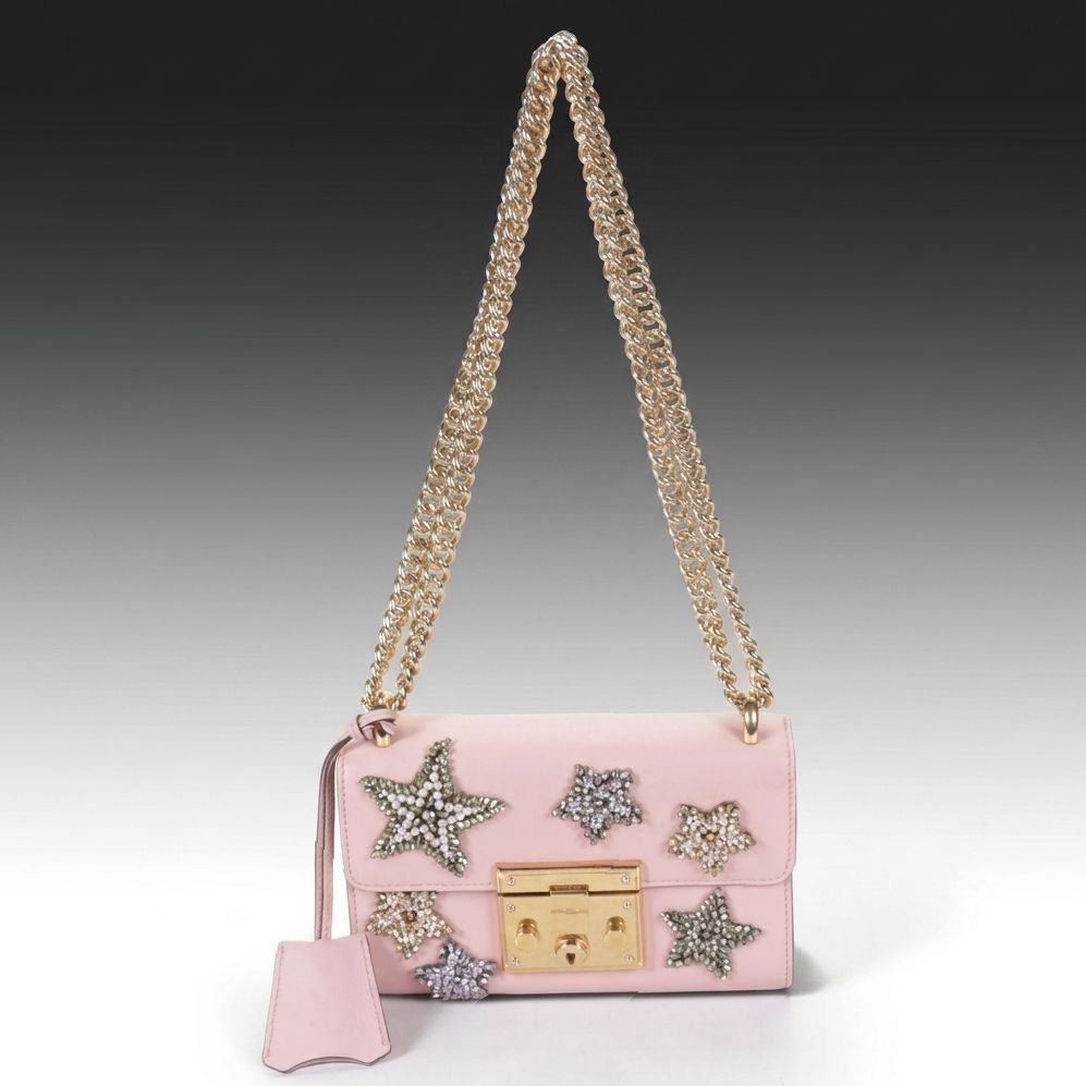 Gucci Small Padlock Shoulder Bag in Star Embellished Pink Leather