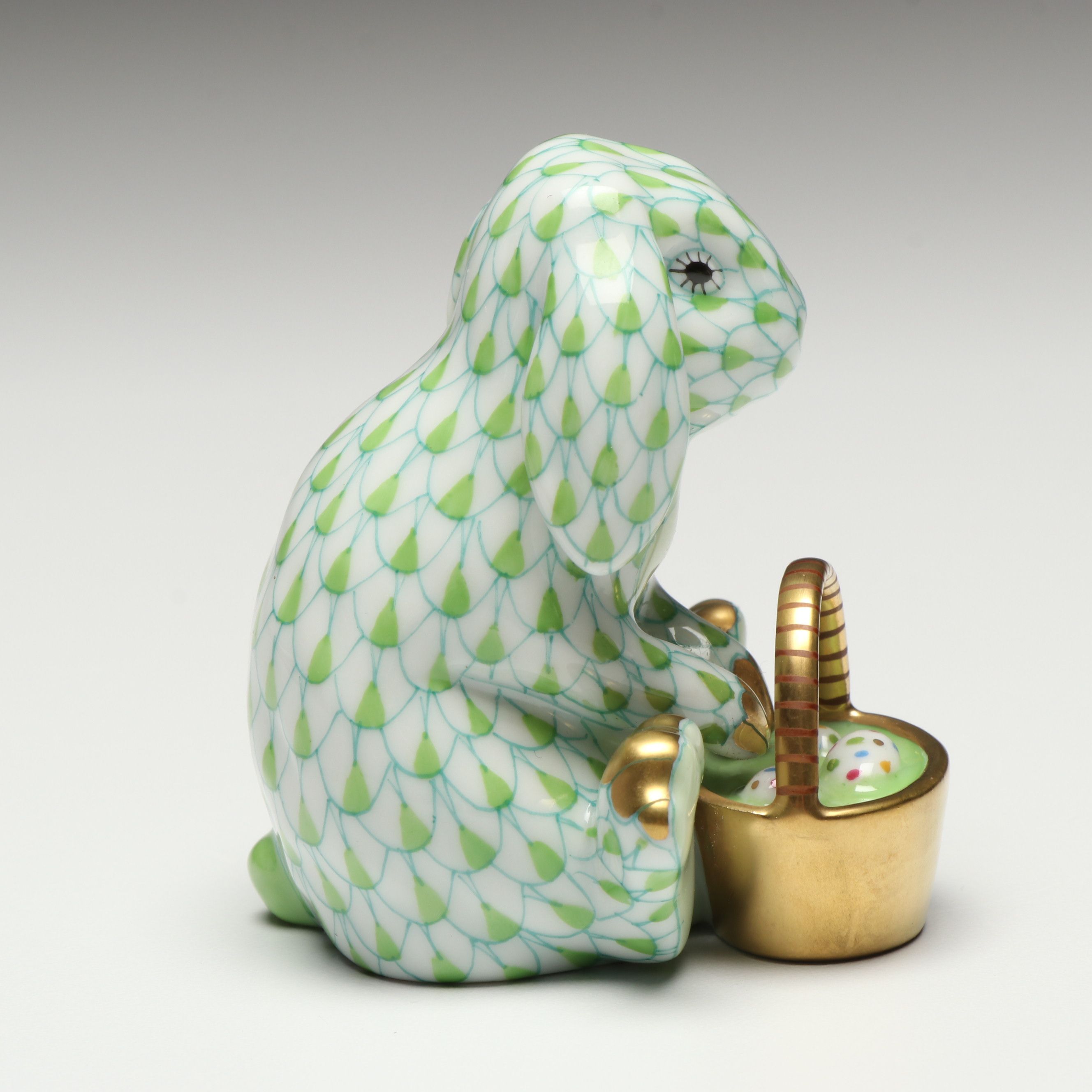 Herend Key Lime Fishnet with Gold “Easter Extravaganza” Porcelain Figurine