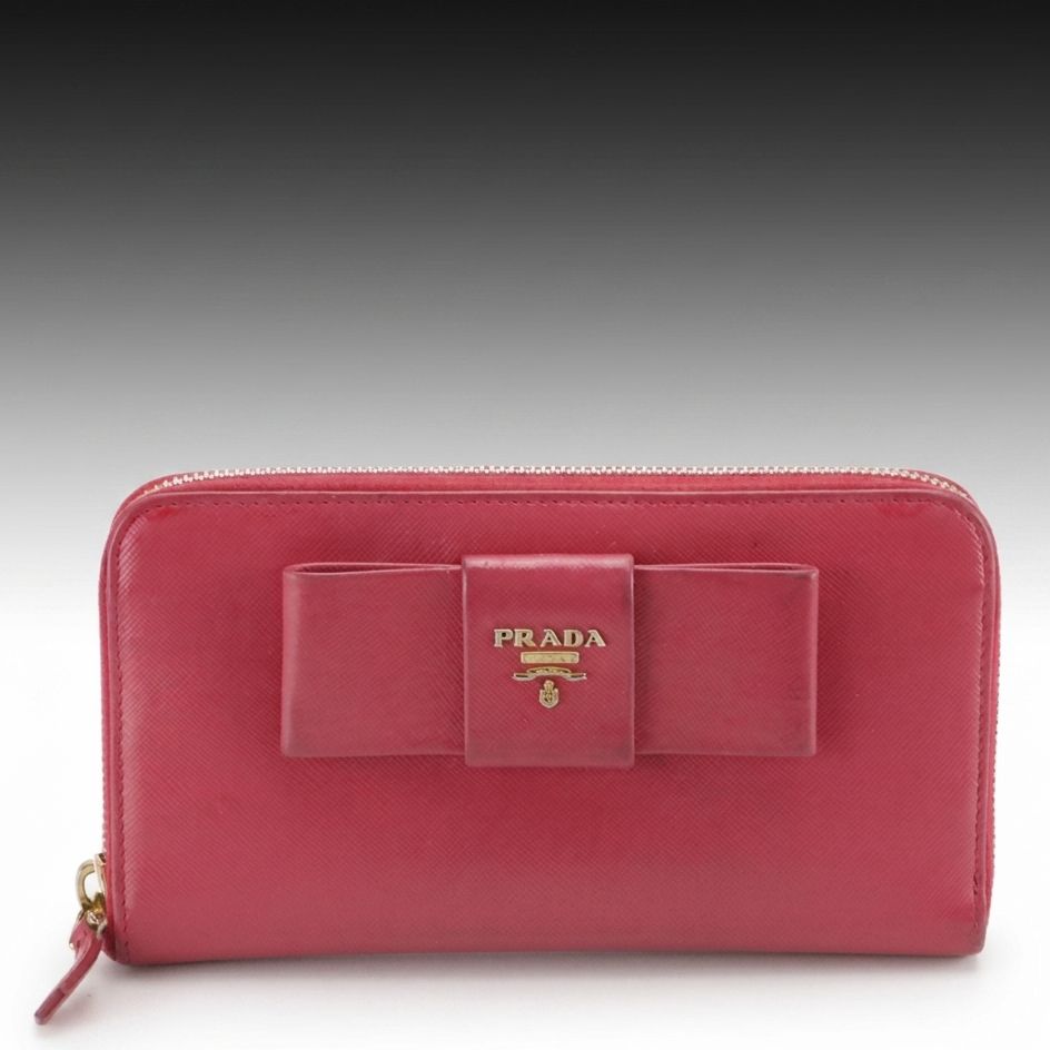 Prada Zip Around Bow Wallet in Pink Saffiano Leather, With Box