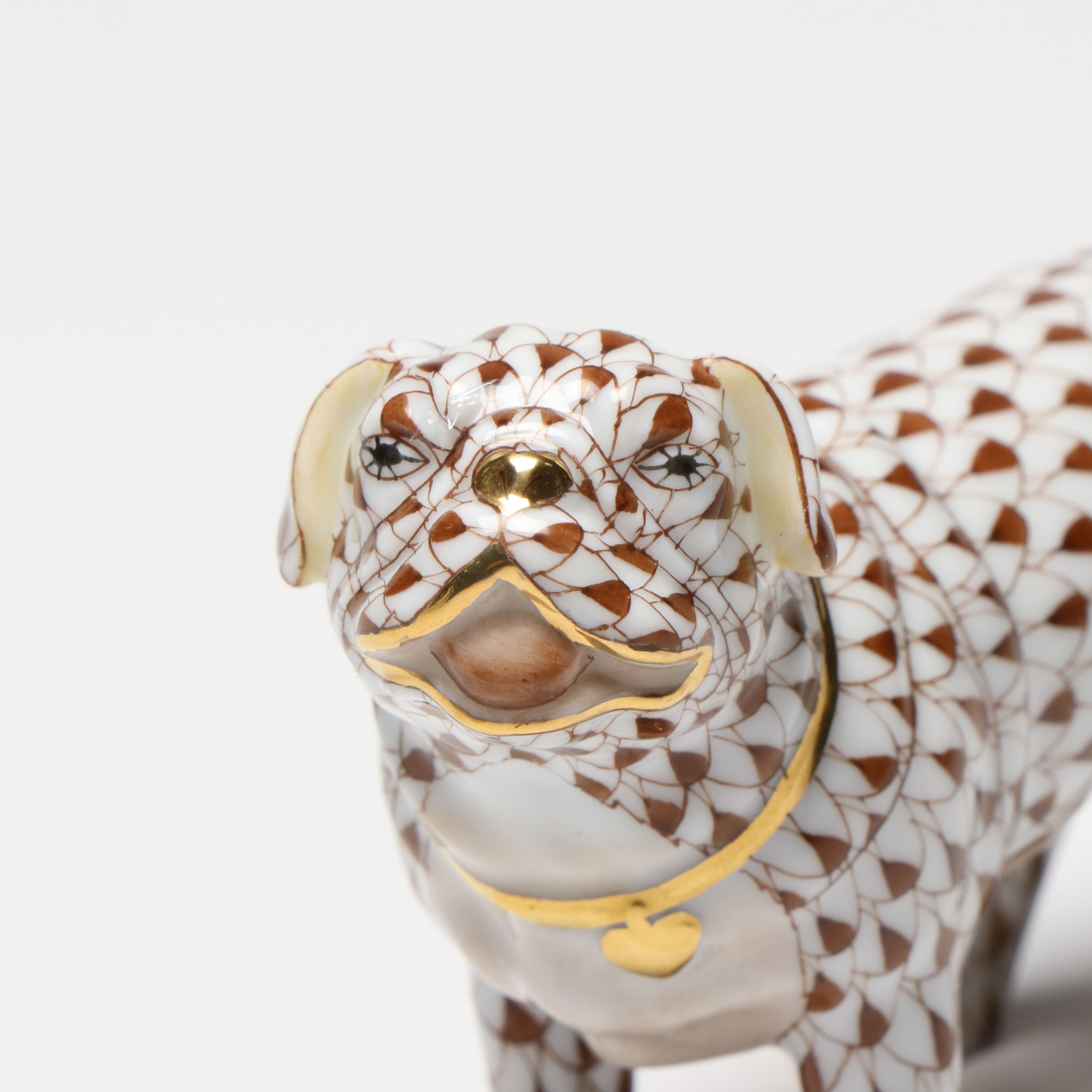 Herend Chocolate Fishnet with Gold "Pug" Porcelain Figurine