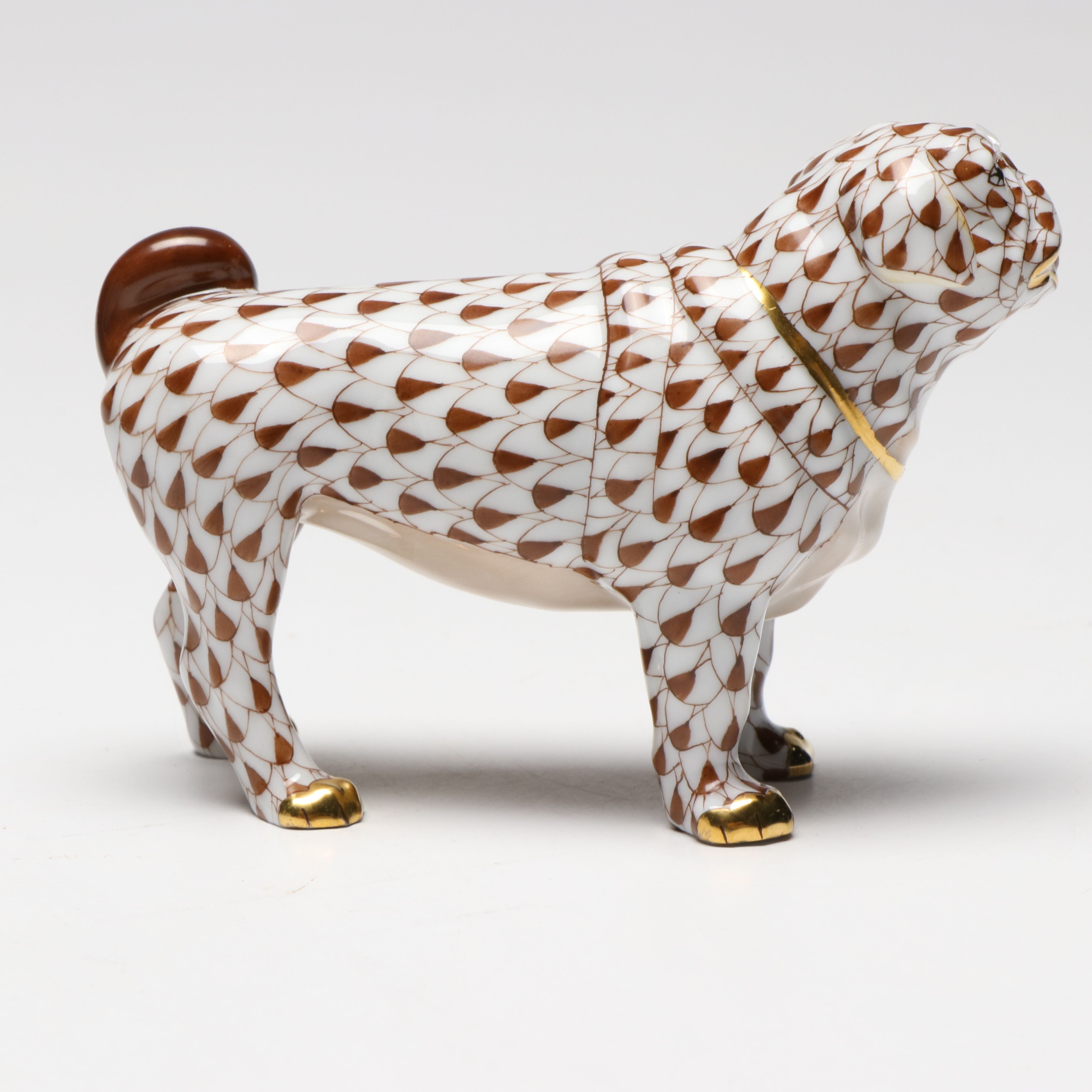 Herend Chocolate Fishnet with Gold "Pug" Porcelain Figurine
