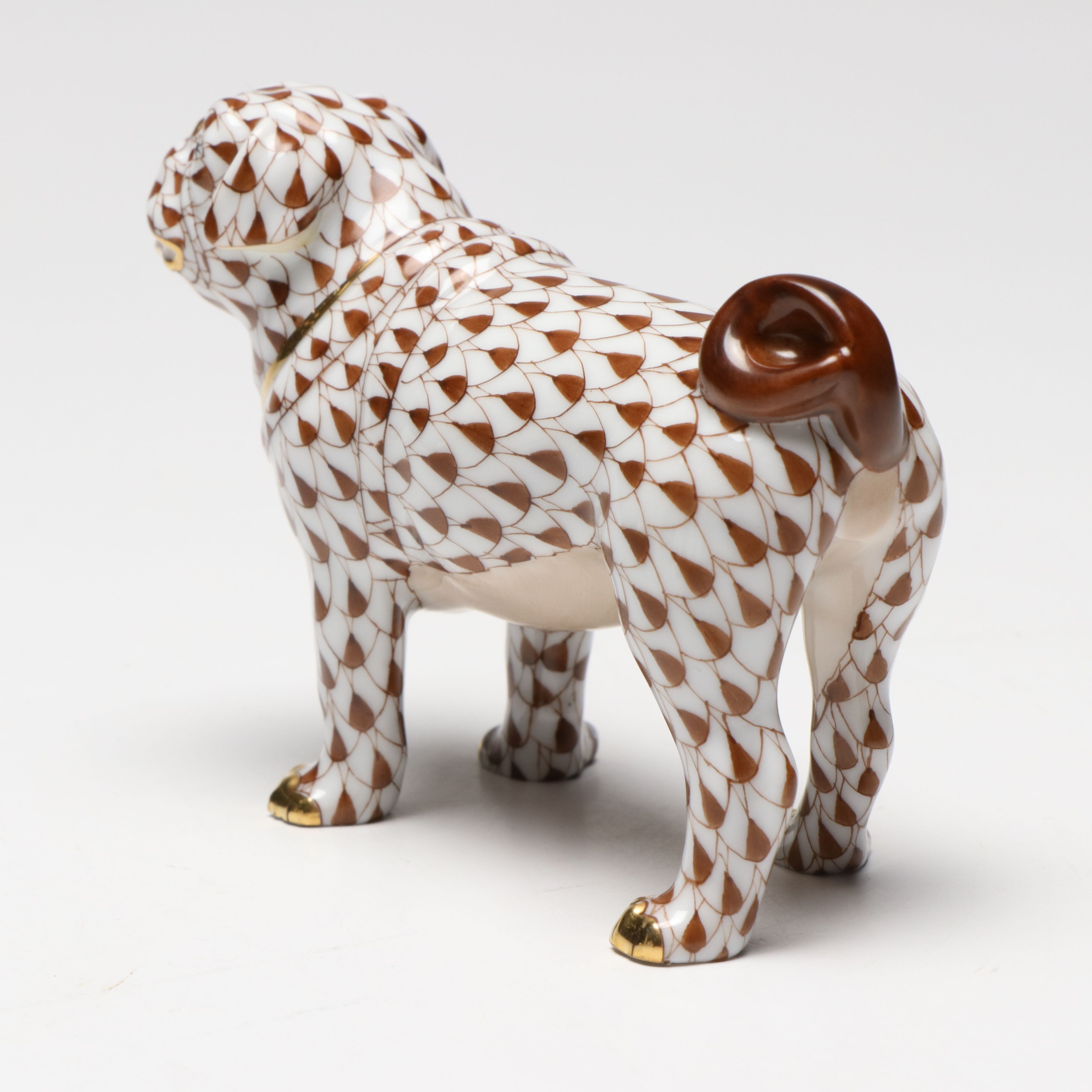 Herend Chocolate Fishnet with Gold "Pug" Porcelain Figurine
