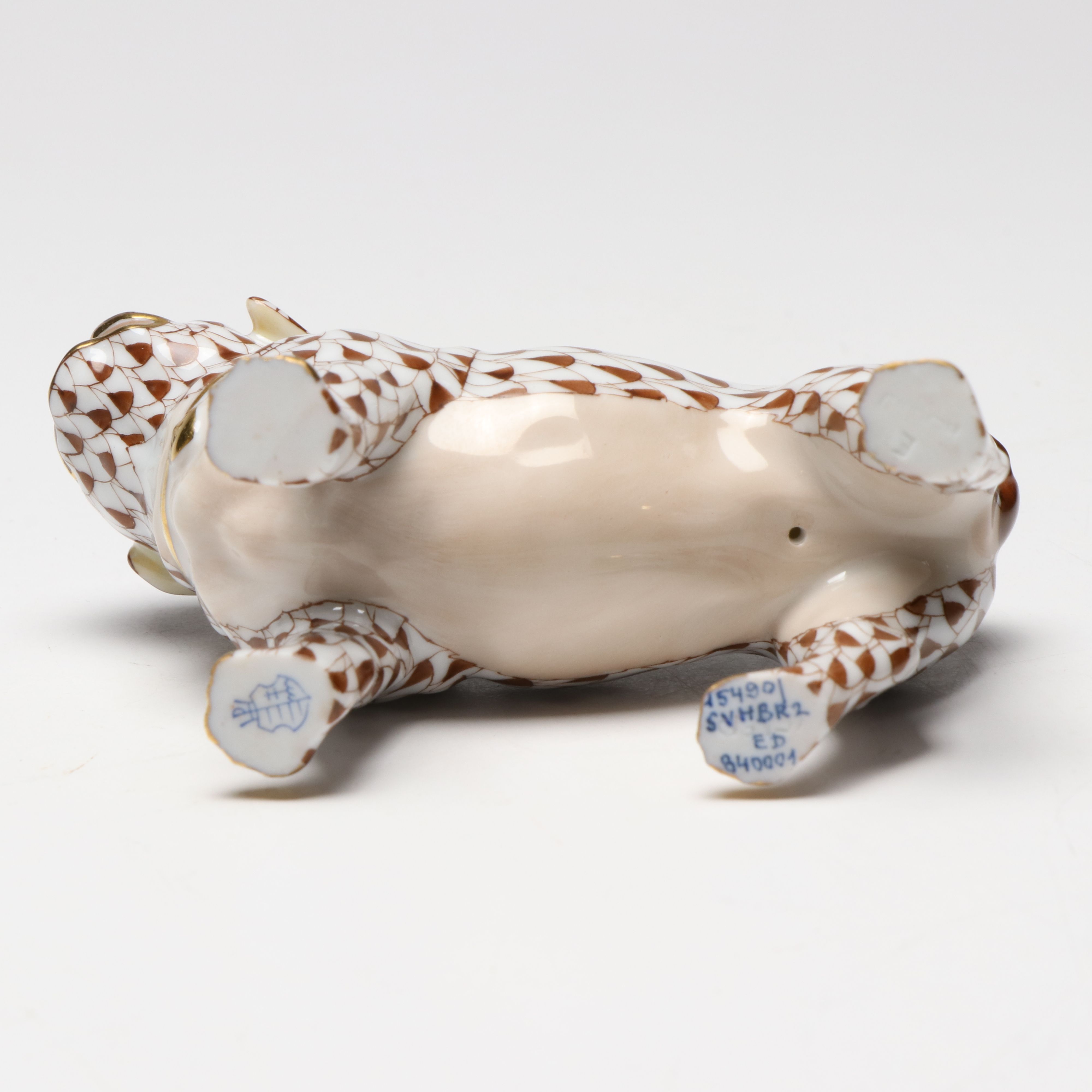 Herend Chocolate Fishnet with Gold "Pug" Porcelain Figurine