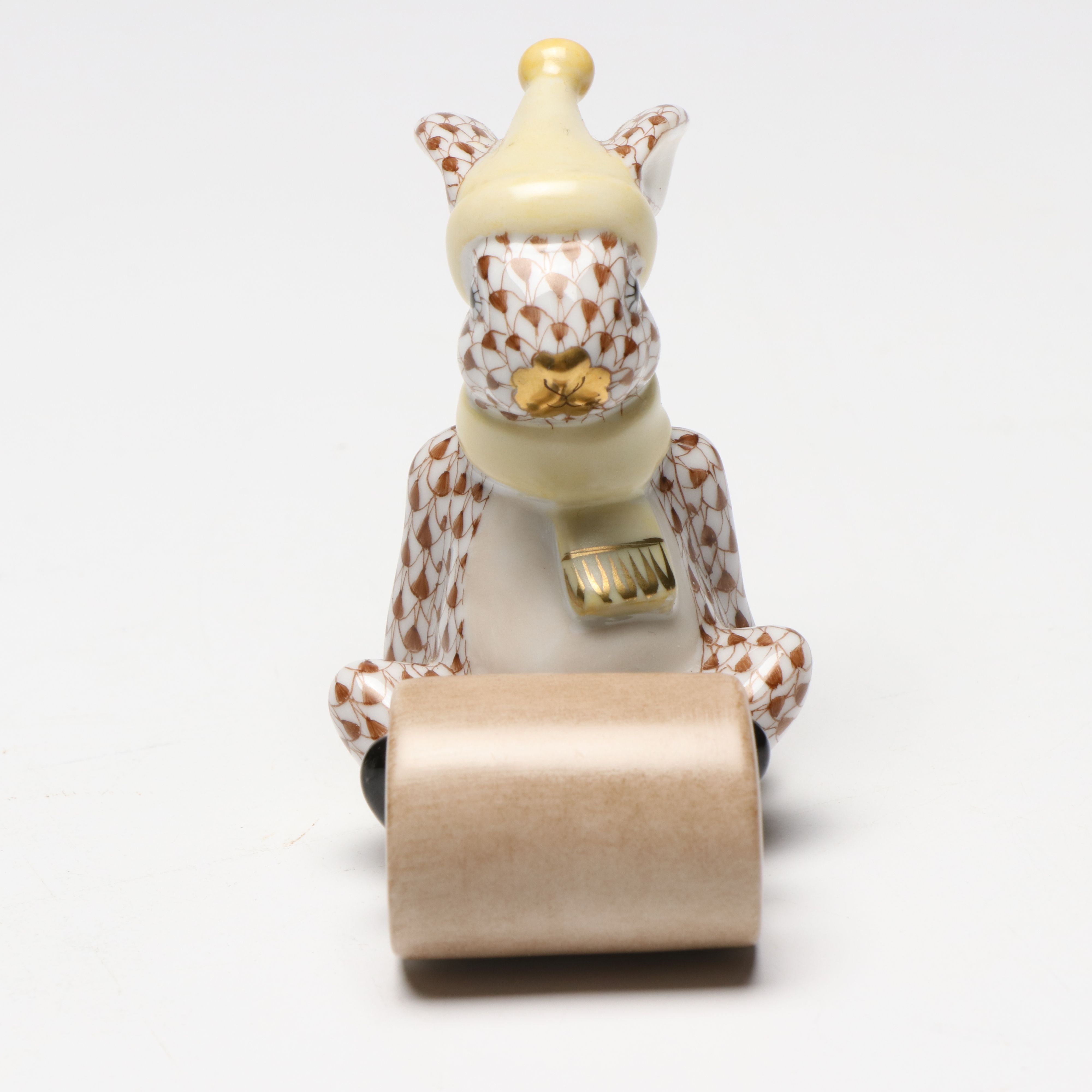 Herend Chocolate Fishnet with Gold "Sledding Bunny" Porcelain Figurine