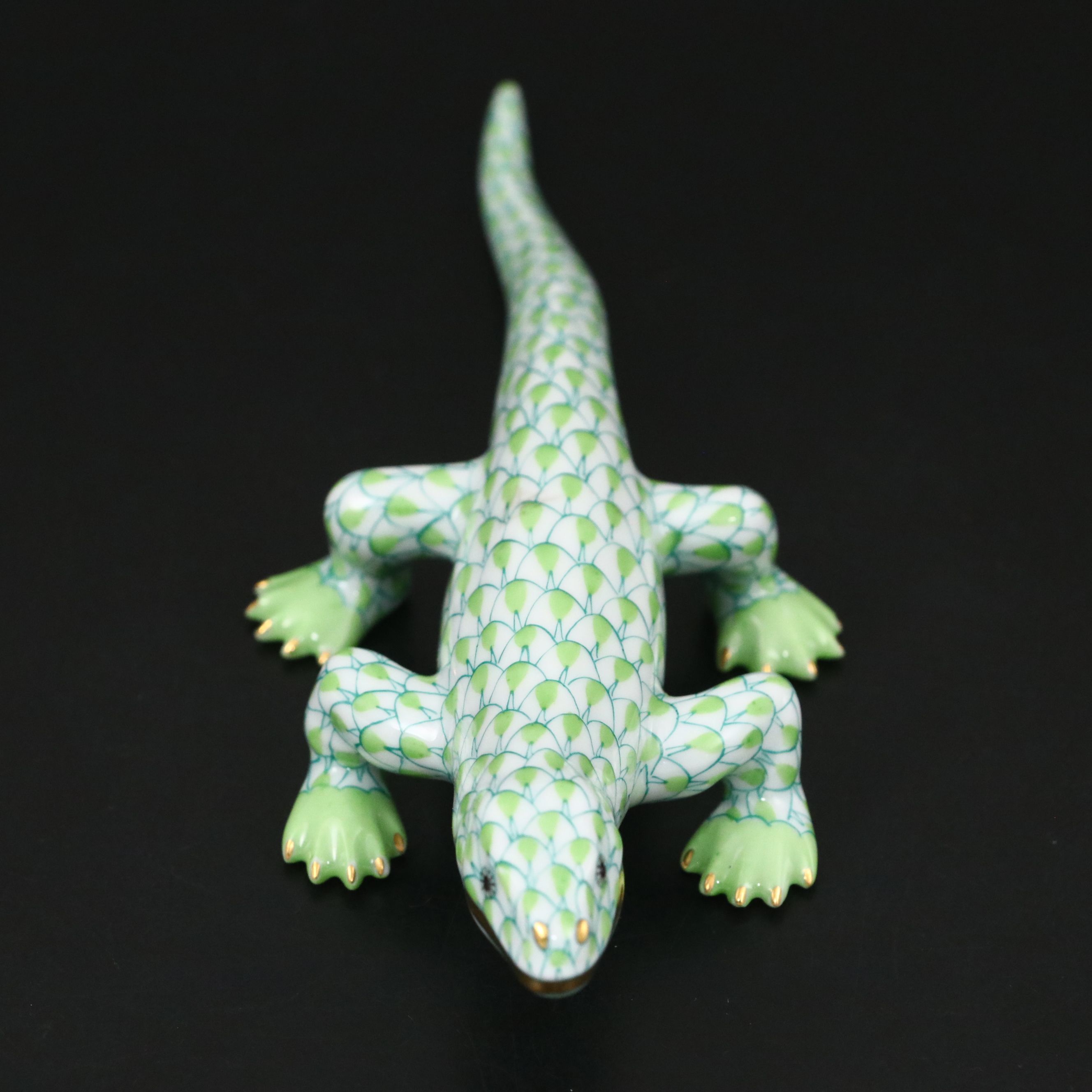 Herend Key Lime Fishnet with Gold “Komodo Dragon” Porcelain Figurine