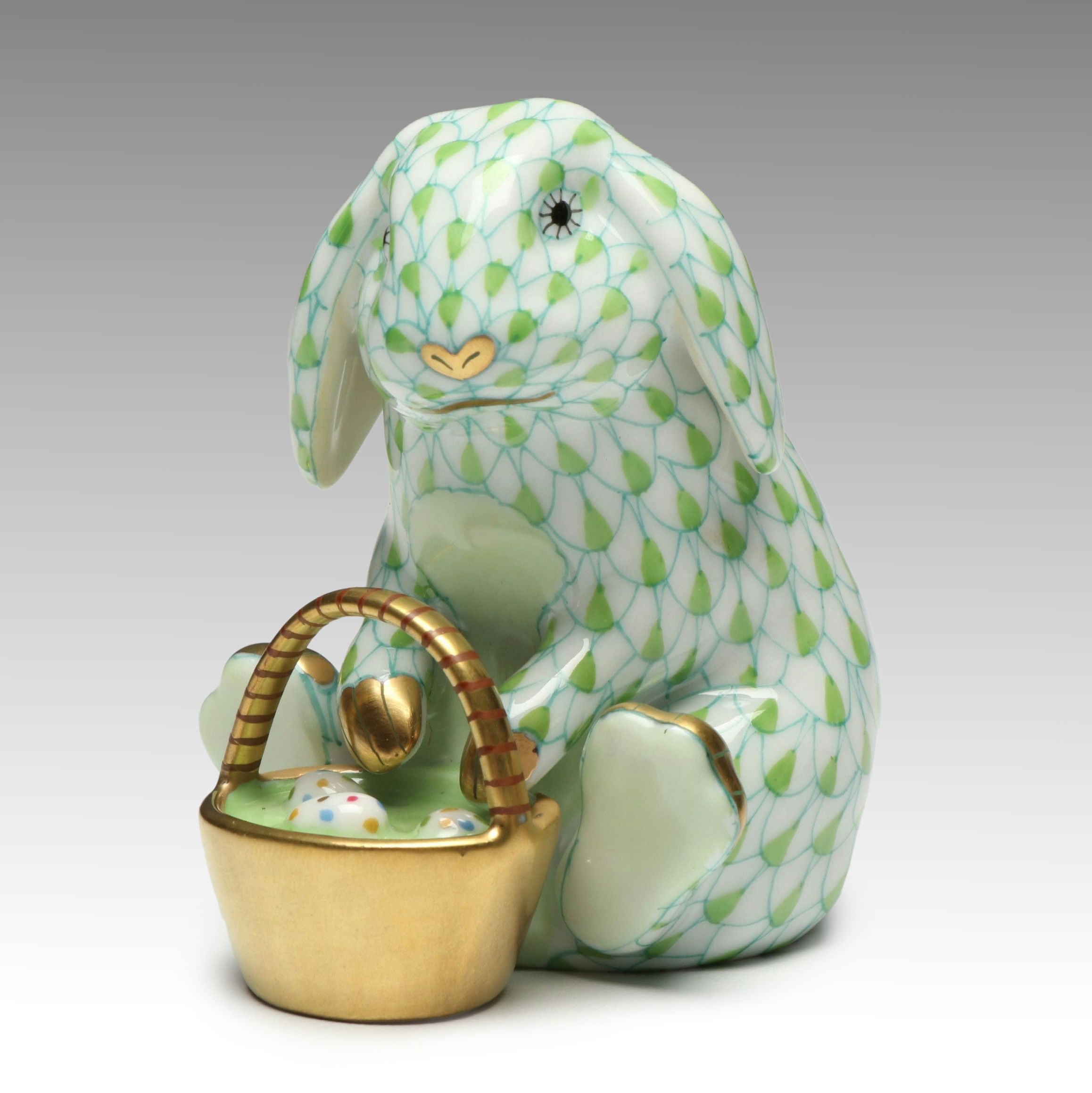 Herend Key Lime Fishnet with Gold “Easter Extravaganza” Porcelain Figurine