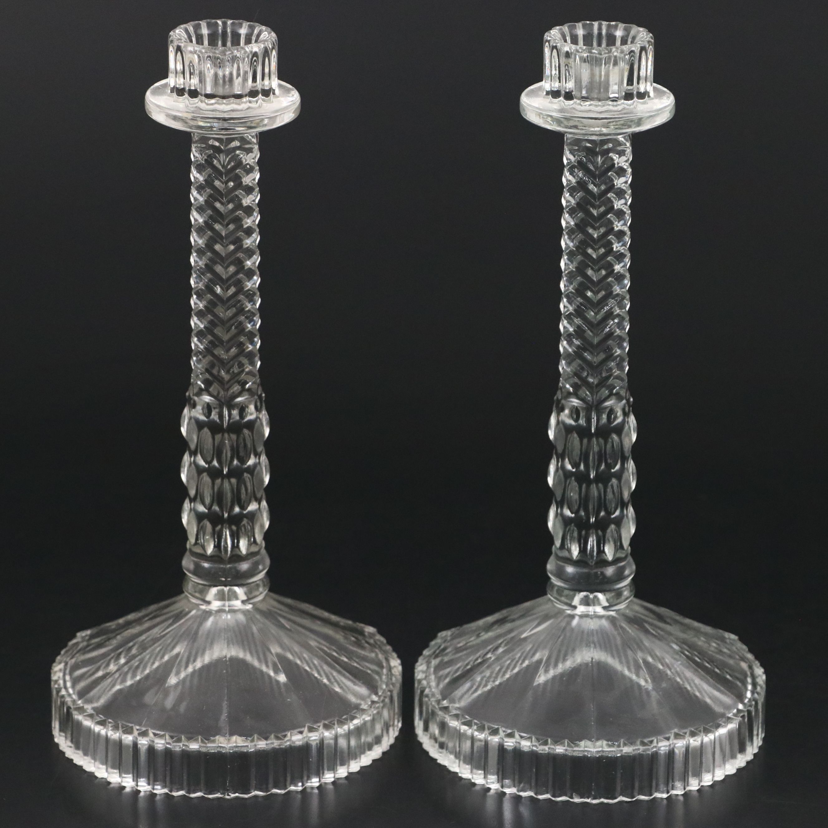 European Art Deco Heavy Pressed Glass Candlesticks, c. 1930s